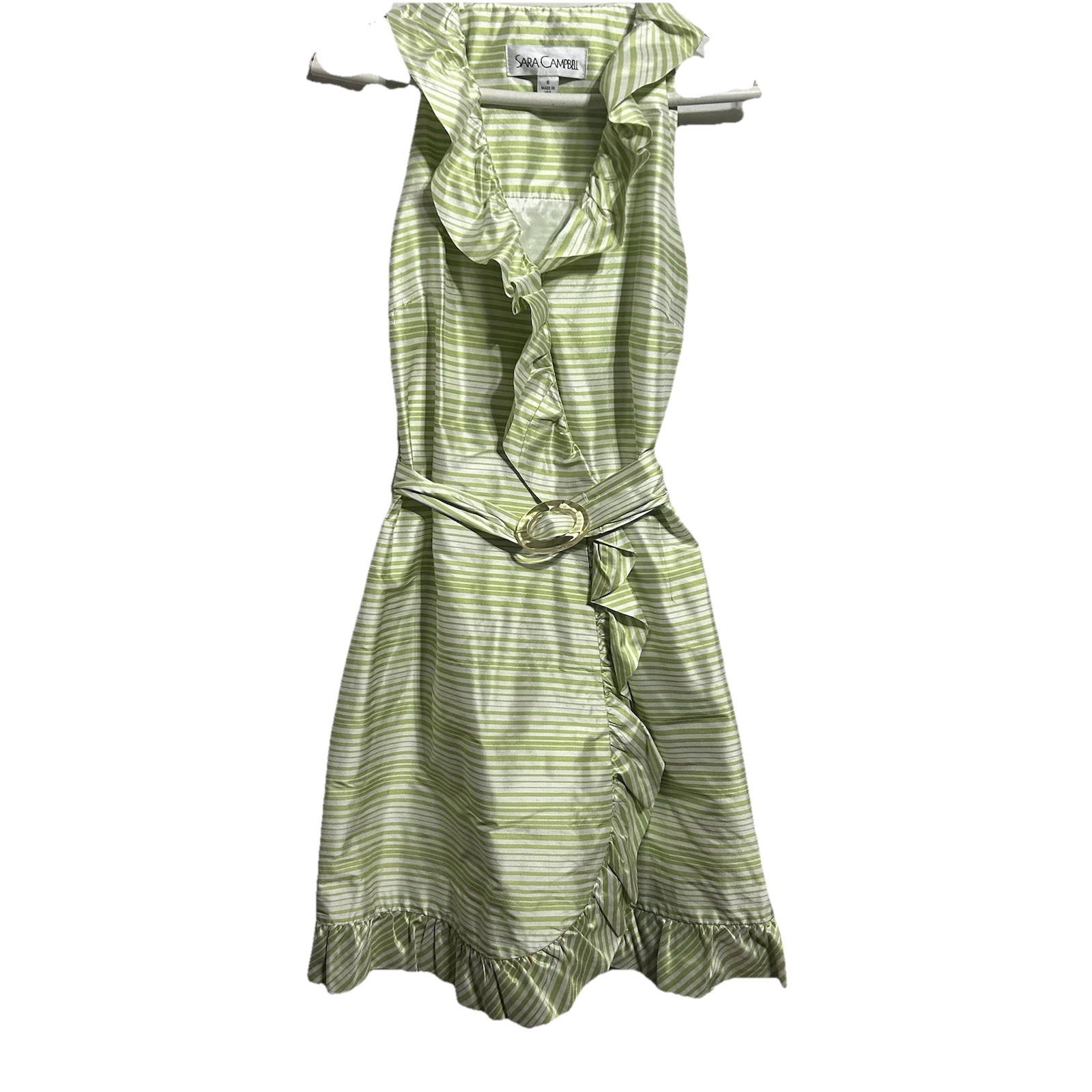 Sara Campbell 100% Silk Striped Green Ruffled Belted Wrap Dress Made USA Size 6