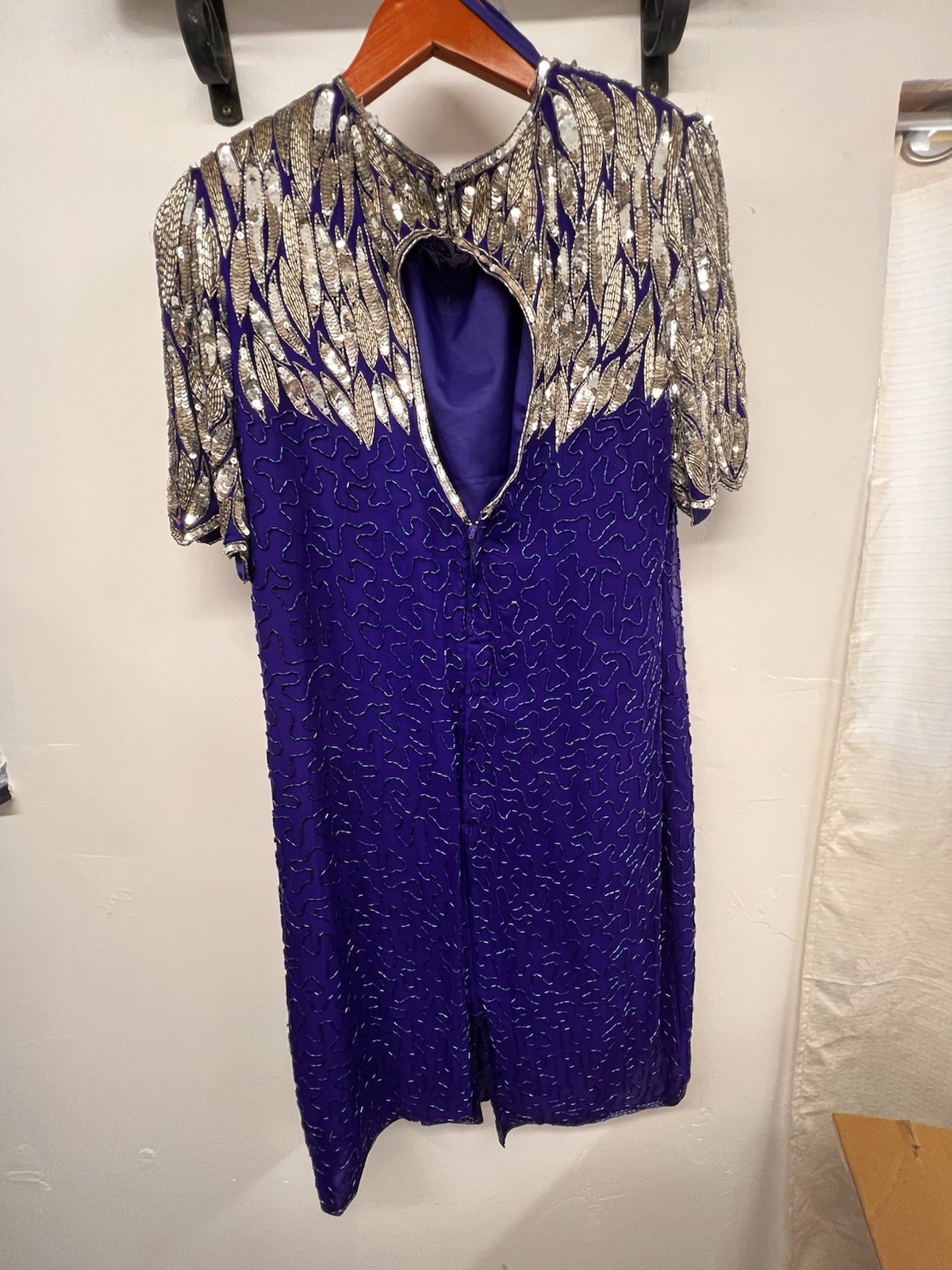 Vintage Formal Sequins Silk Beaded Dress Stenay 80’s Glamour Scallop Sleeves 14