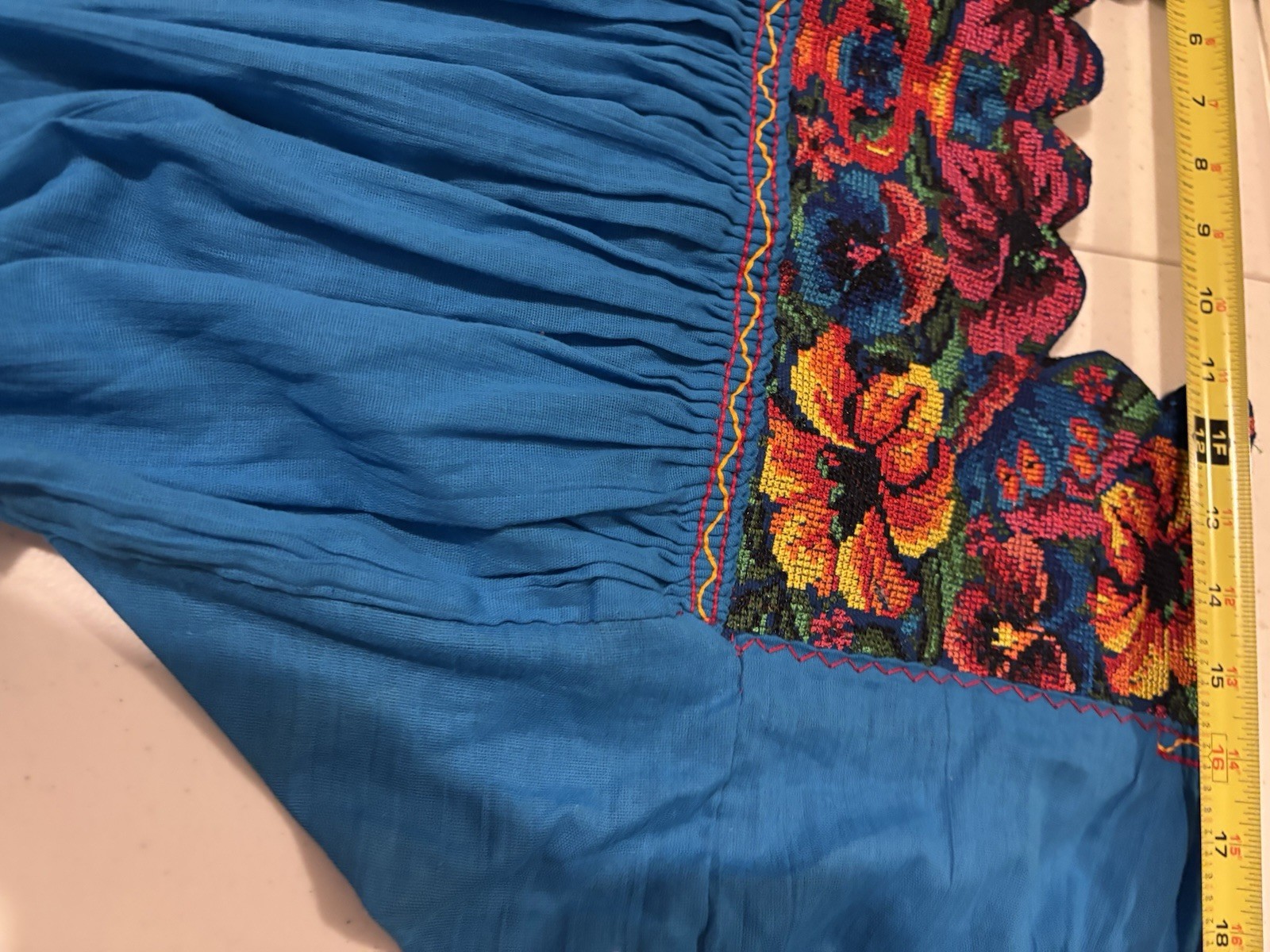 Vtg 70s Mexican Embroidered Cotton Tunic Blouse Boho Peasant Green Huipil M