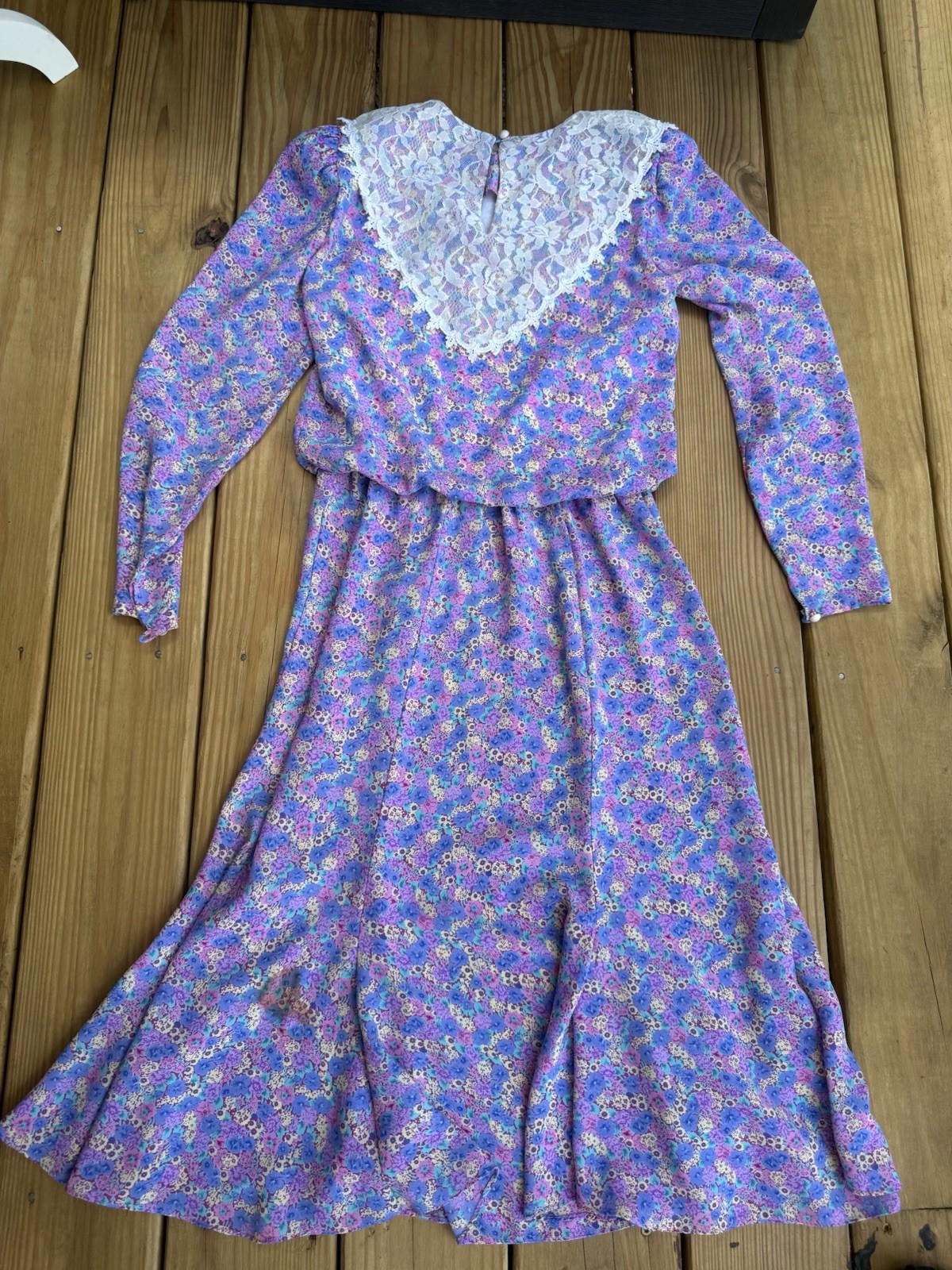 Vintage 80s JT Dress Floral Prairie Dress Lace Collar Purple Sz 6 Cinched Waist