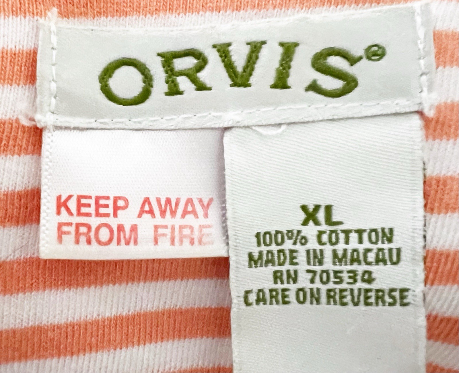 Vtg ORVIS Dress XL Orange White Stripe Short Sleeve Button V-Neck Pockets Casual