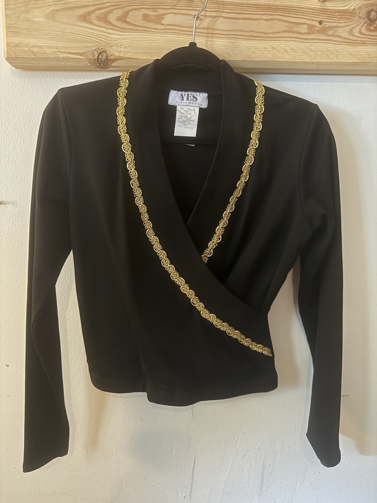 Vintage YES Clothing Co 90s Black Wrap Top Gold Bead Trim Made in USA Size L Y2K