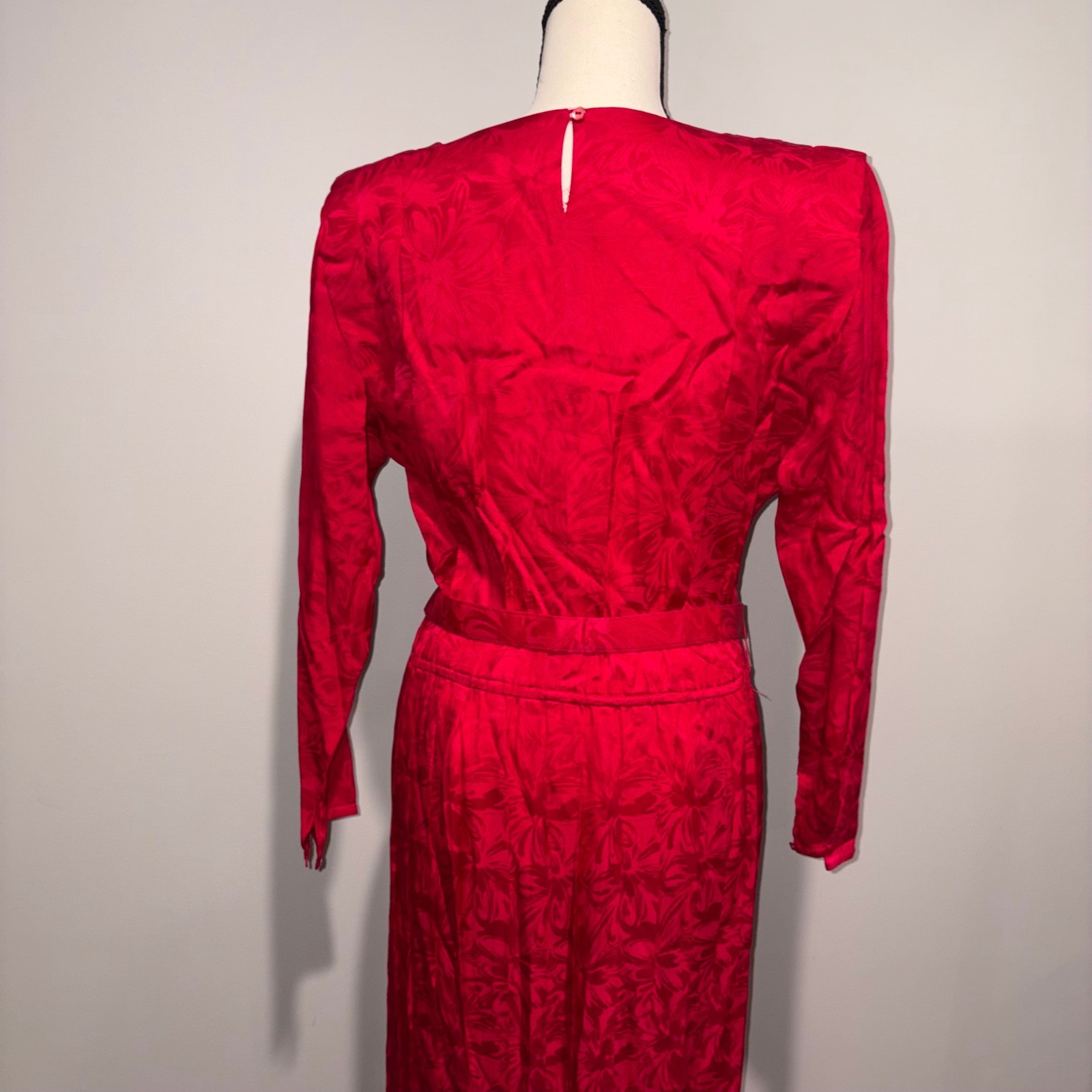 Vintage Silk Jacquard Midi Dress 80s Mob Wife Women 10P Red Argenti Petites