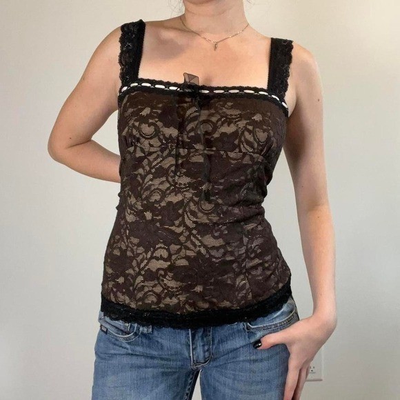 Vintage Doncaster Lace Black Brown and Pink Sleeveless Top