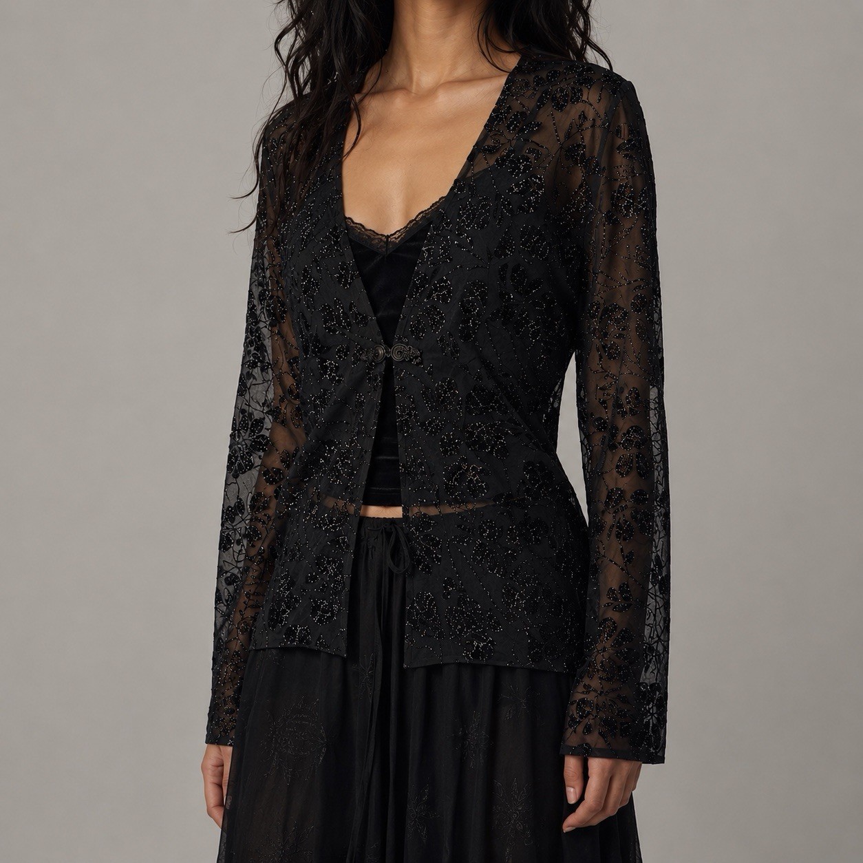 Vintage whimsy goth sheer glitter mesh cardigan fairy grunge black size 14 large