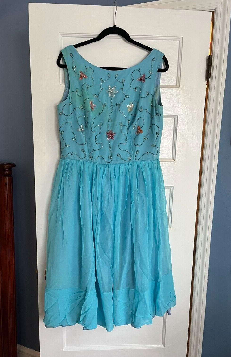 VINTAGE WOMEN’S TURQUOISE BLUE BEADED FIT & FLARE CHIFFON FORMAL DRESS PLS READ