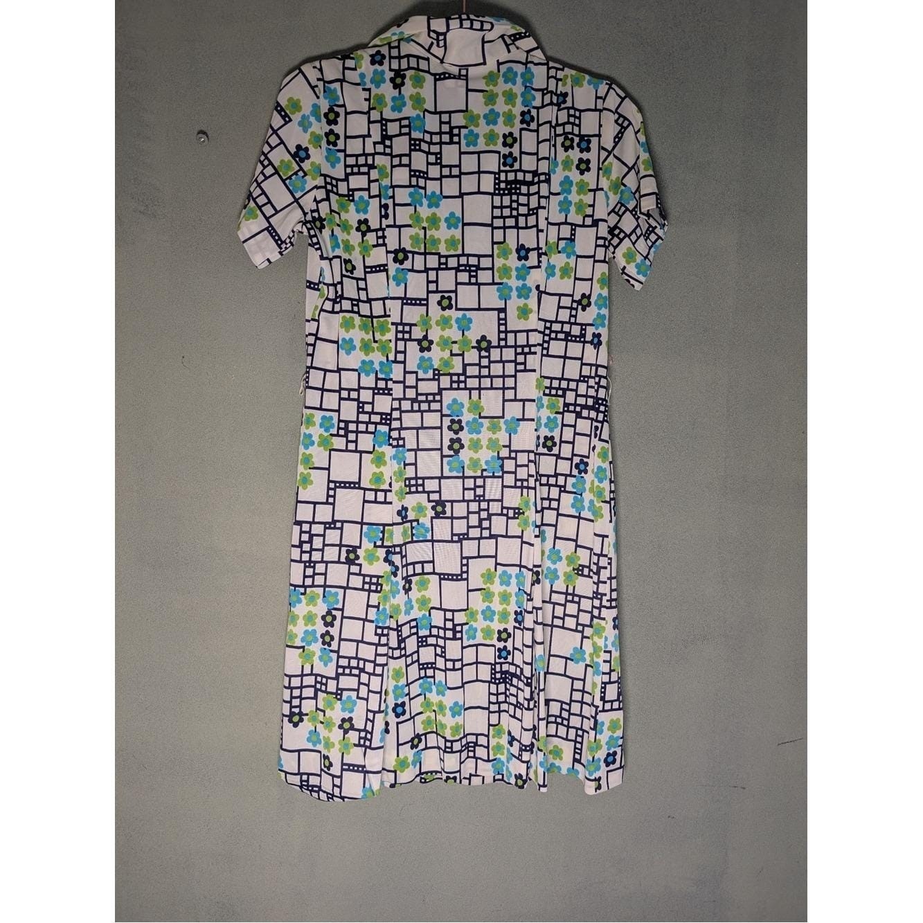 Vtg 1960s Globe Travelers Blue and Green Floral Geometric Print Shirt Dress