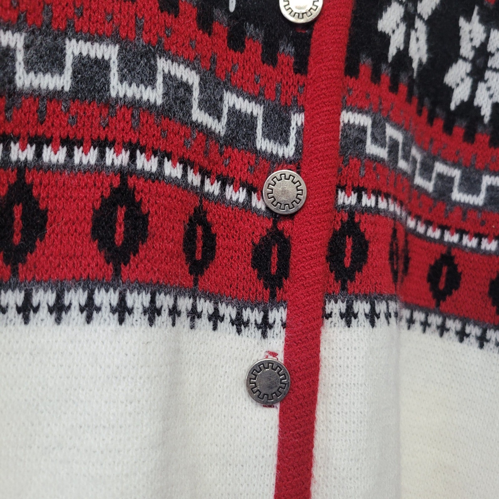Vintage Lady Puritan Fair Isle Cardigan Sweater Red White Black Snowflake Sz 38