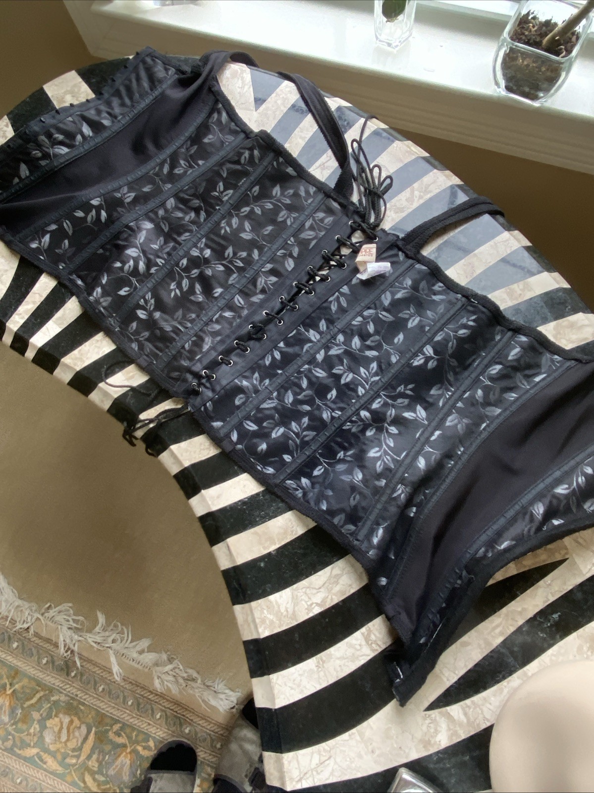Vintage Corset Top 90s Black Silver Coquette Floral Lace Up Fairy Size 38 Large