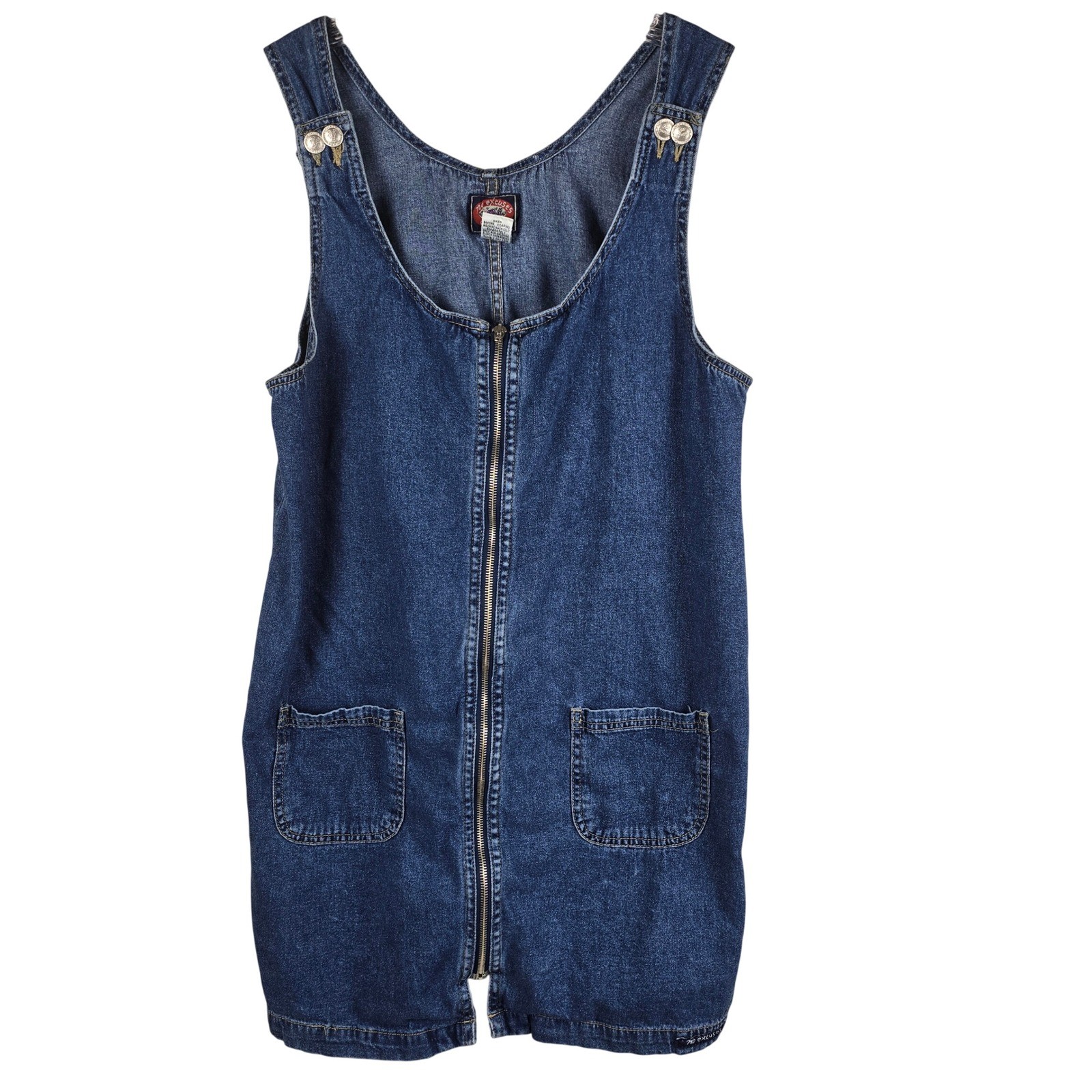Vintage No Excuses Denim Jumper Dress Size L Blue Jean Full Zip Mini Pinafore