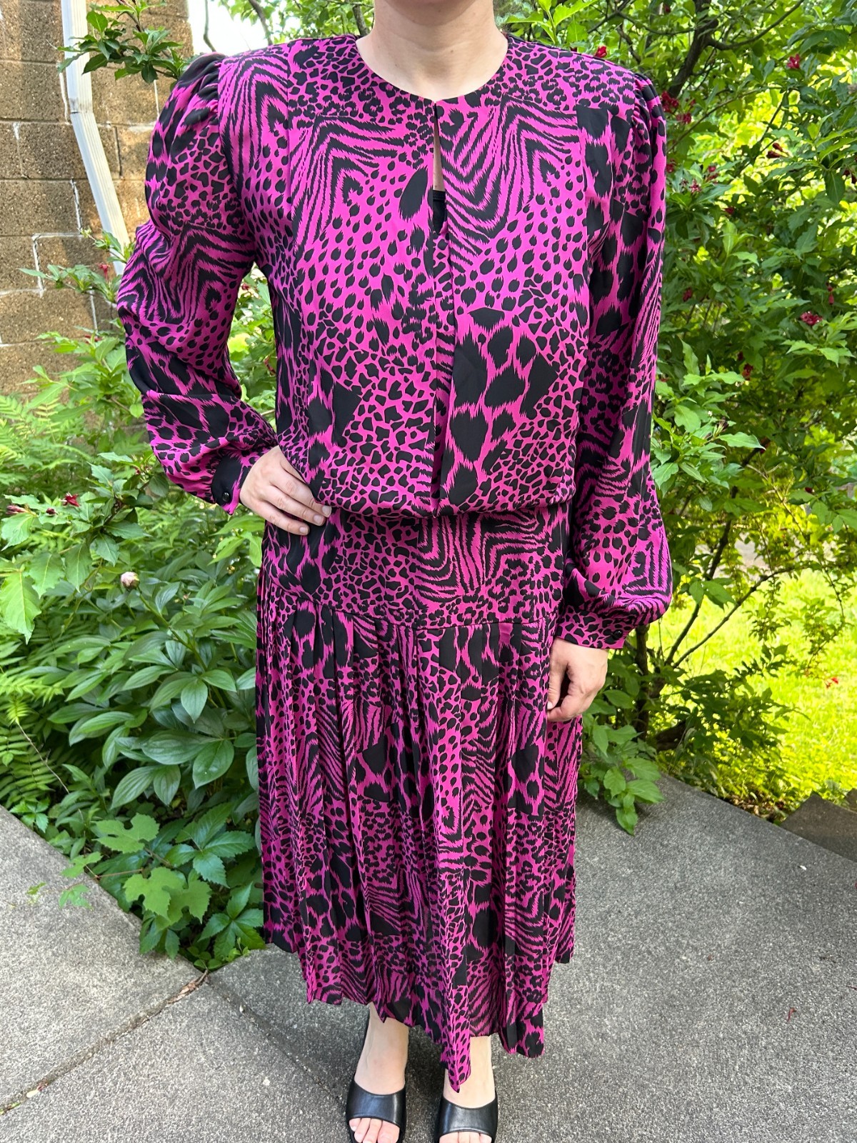 80s John Roberts Animal Print Dress Pink Black Vintage Long Sleeve Size M