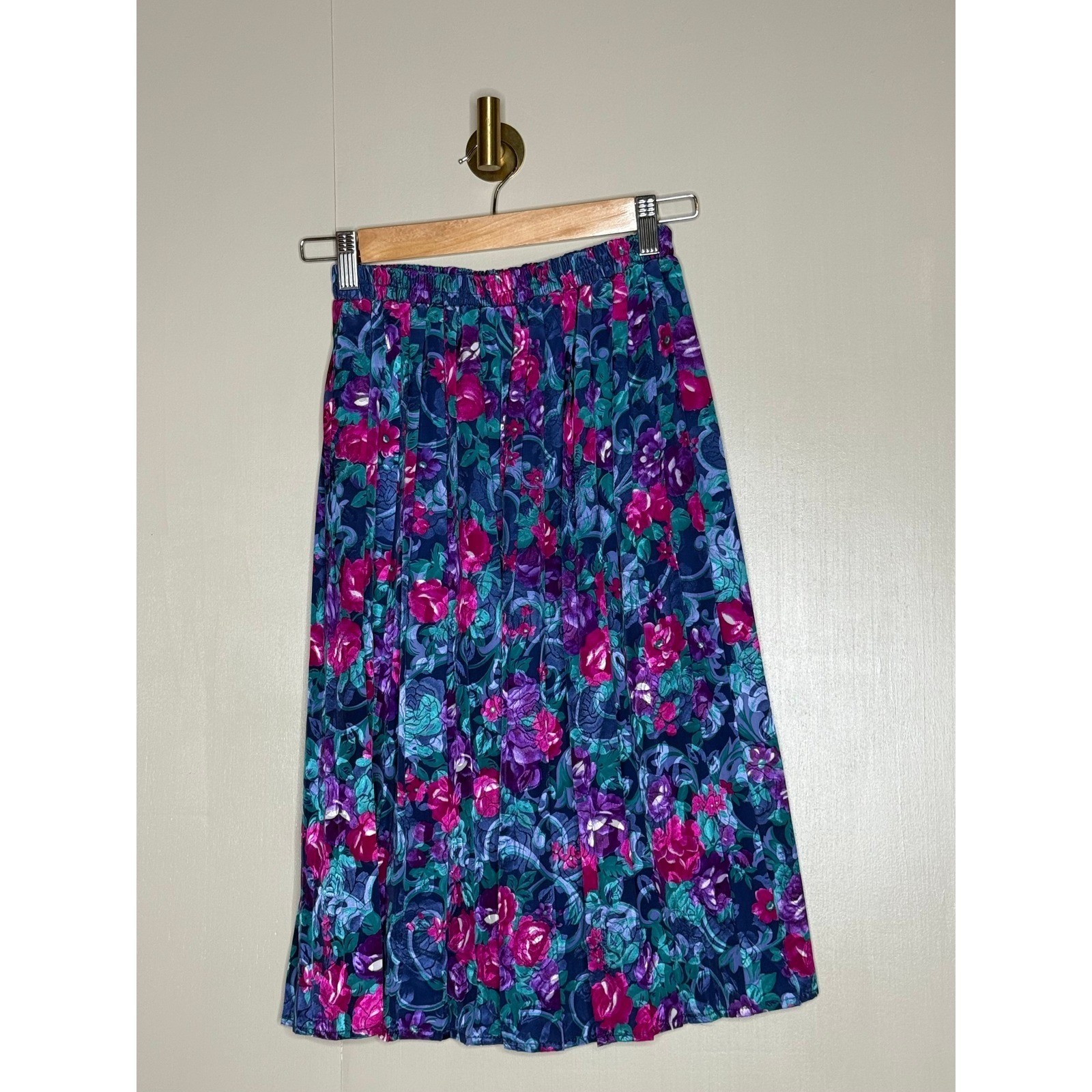 Vintage Floral Pleated Skirt Jewel Tone Rose Print Cottagecore Size 6