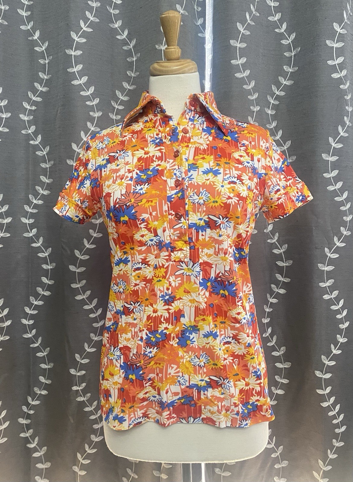 Vintage 60s Alex Colman Floral Print Polo Shirt MCM Hippy Women’s Size Medium