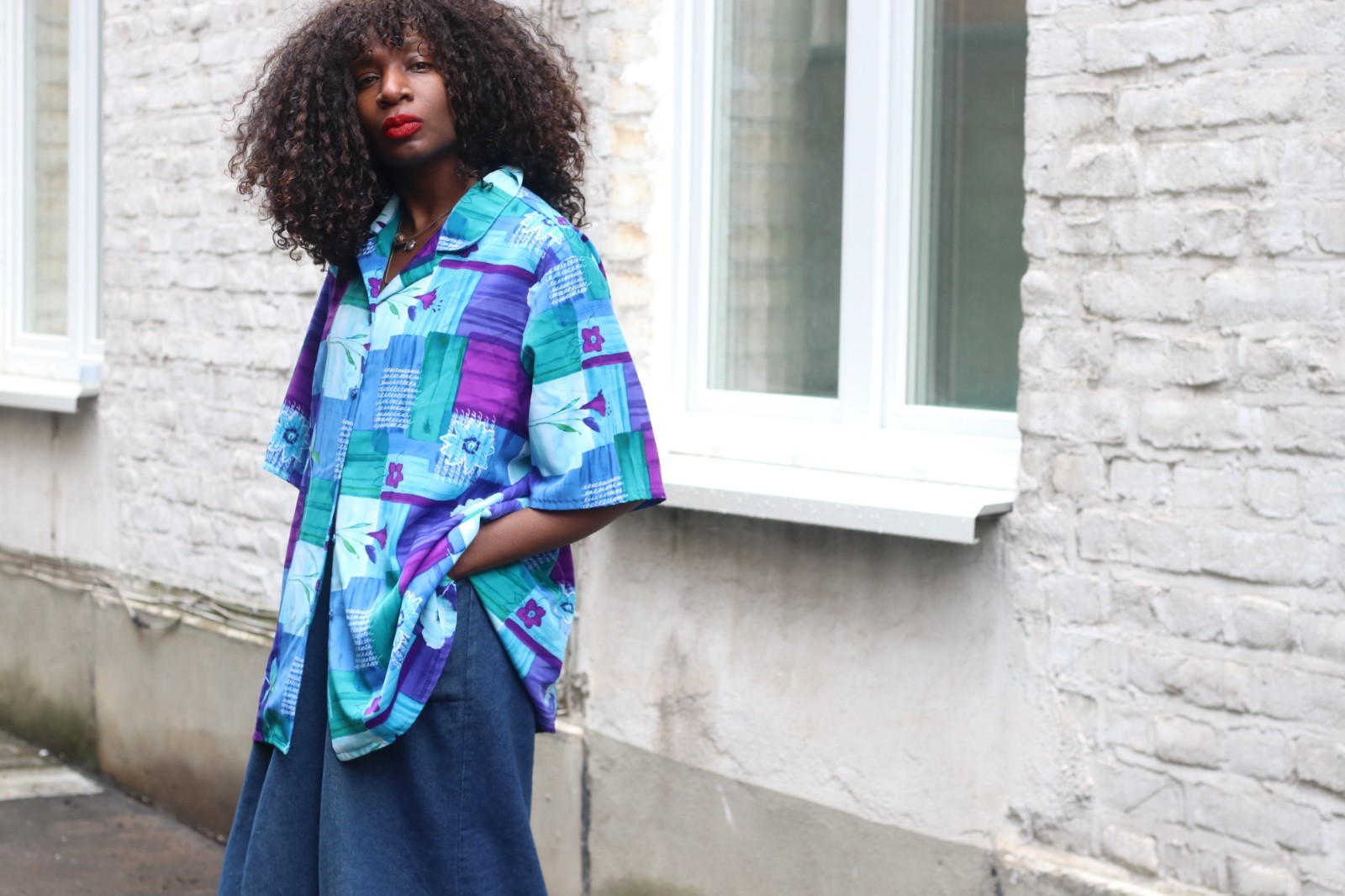 Vintage Blouse Abstract Pattern Blue Purple 90s Oversized Short Sleeve Shirt L