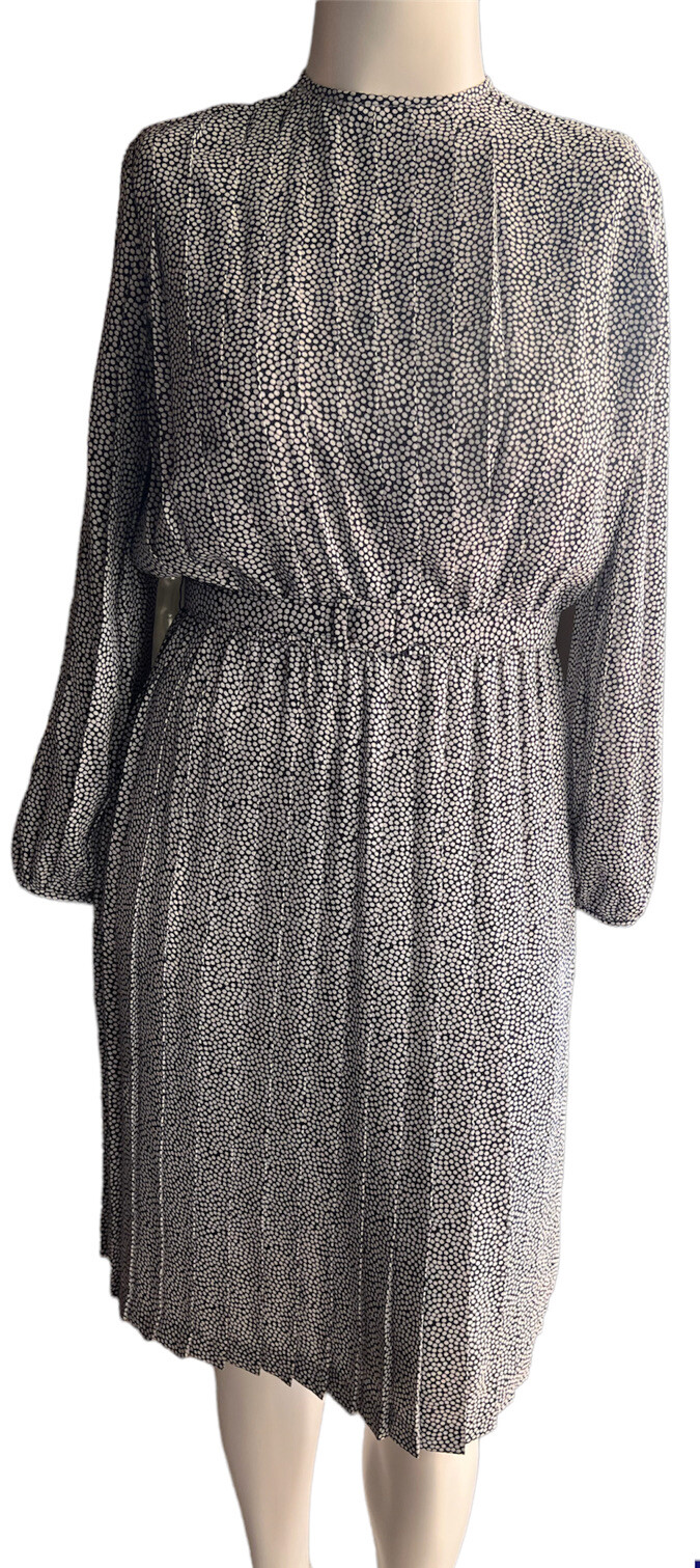 Vintage Dim The Lites Petites Size 10 Pleated Blue & White Polka Dot Midi Dress