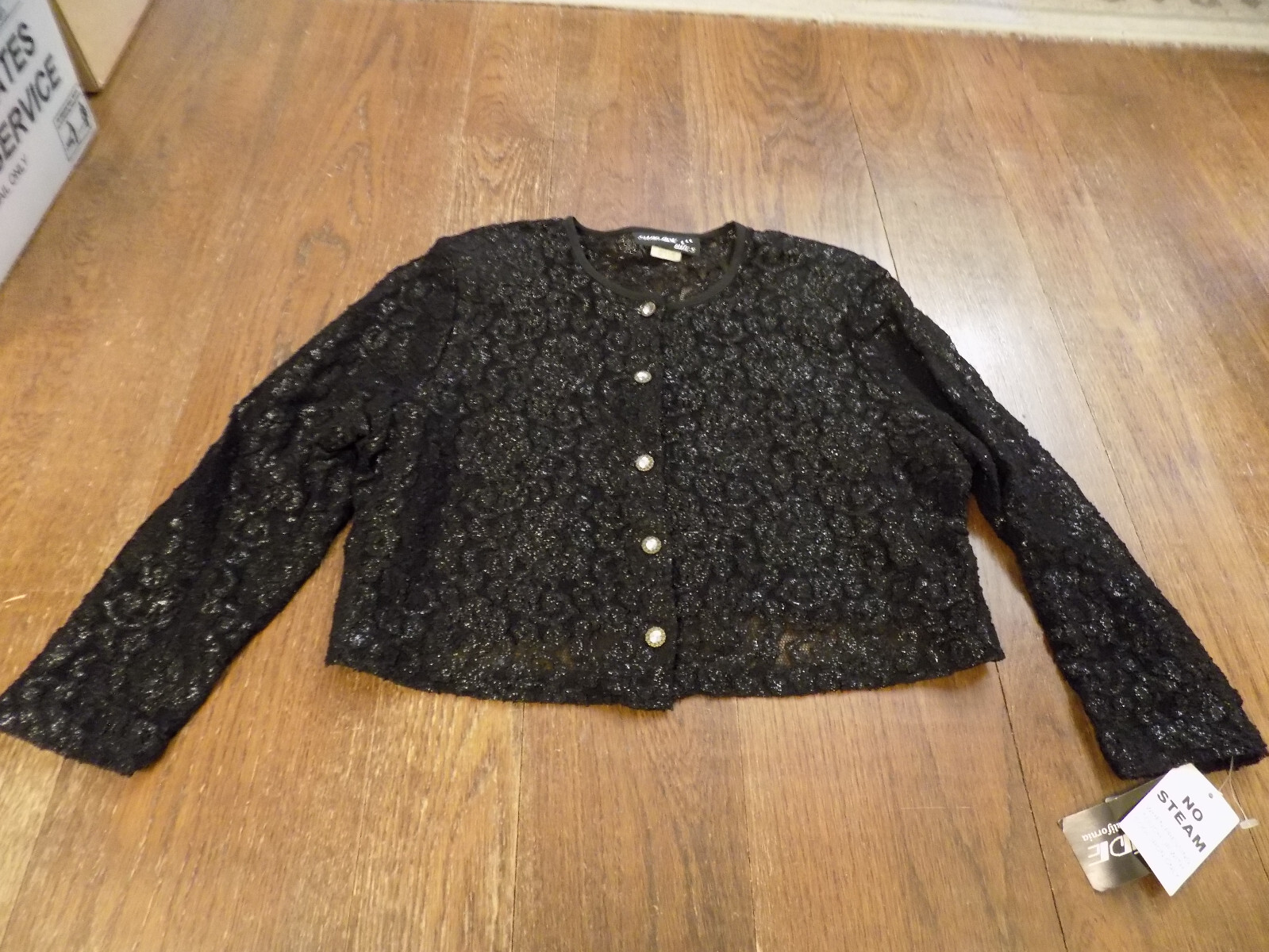 Shar ADE Nites Black Metallic Sparkle Holiday Sheer Lace Button Front Jacket 14W