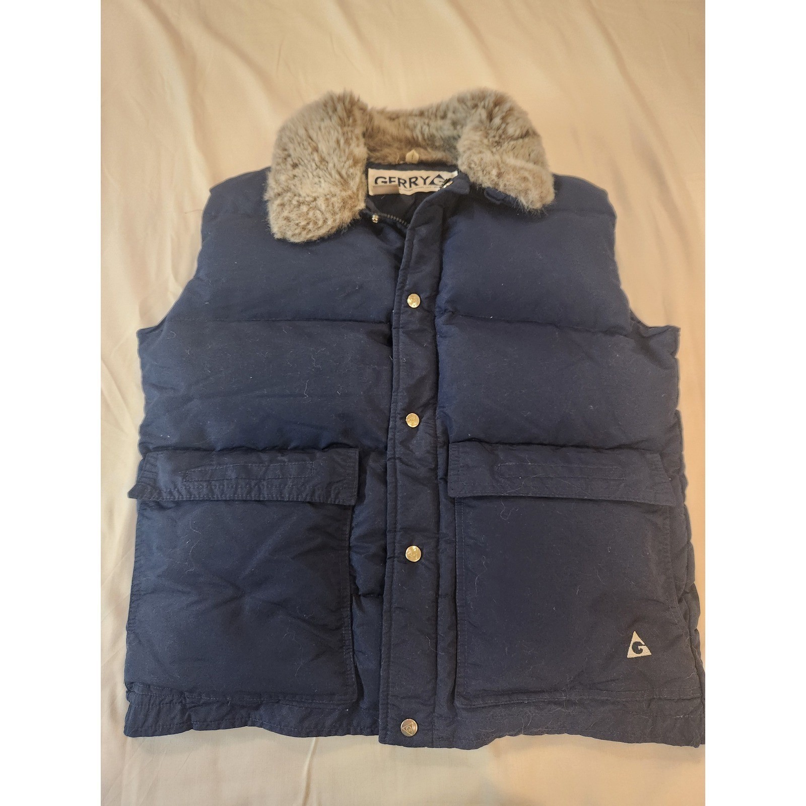 Vintage Gerry Women Down Filled Puffer Vest Blue Faux Fur Collar Cozy Size L