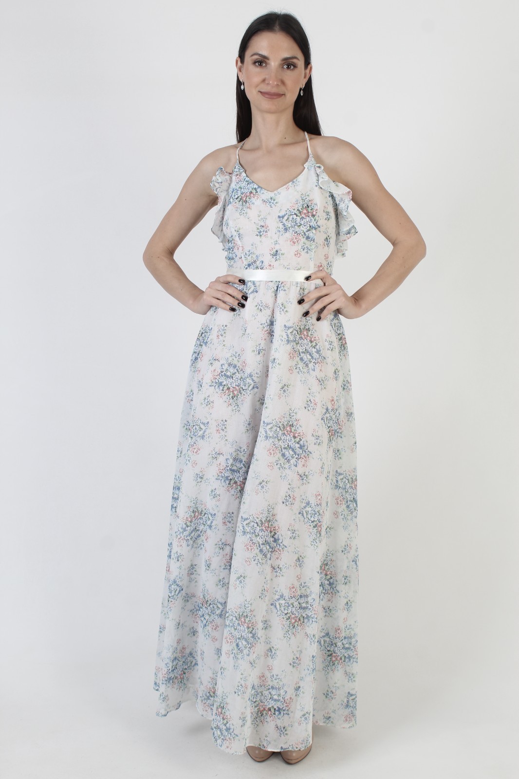 Vtg Off White Prairie Sundress Open Back Spaghetti Strap Cottage Boho Maxi Dress