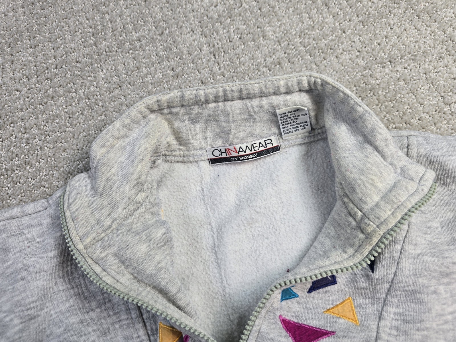 Vintage Chinawear Morsly M Gray Aztec Geometric Retro Zip Sweatshirt READ SPOTS