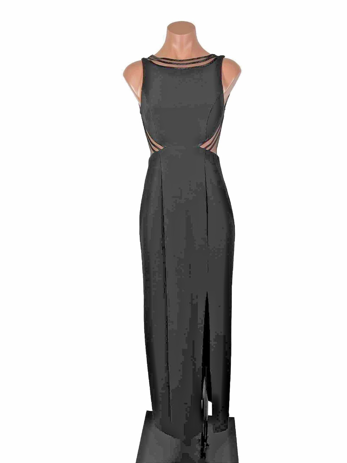 Vintage 90s y2k Black Illusion Caged Neck Backless Button Back Prom Dress 3/4