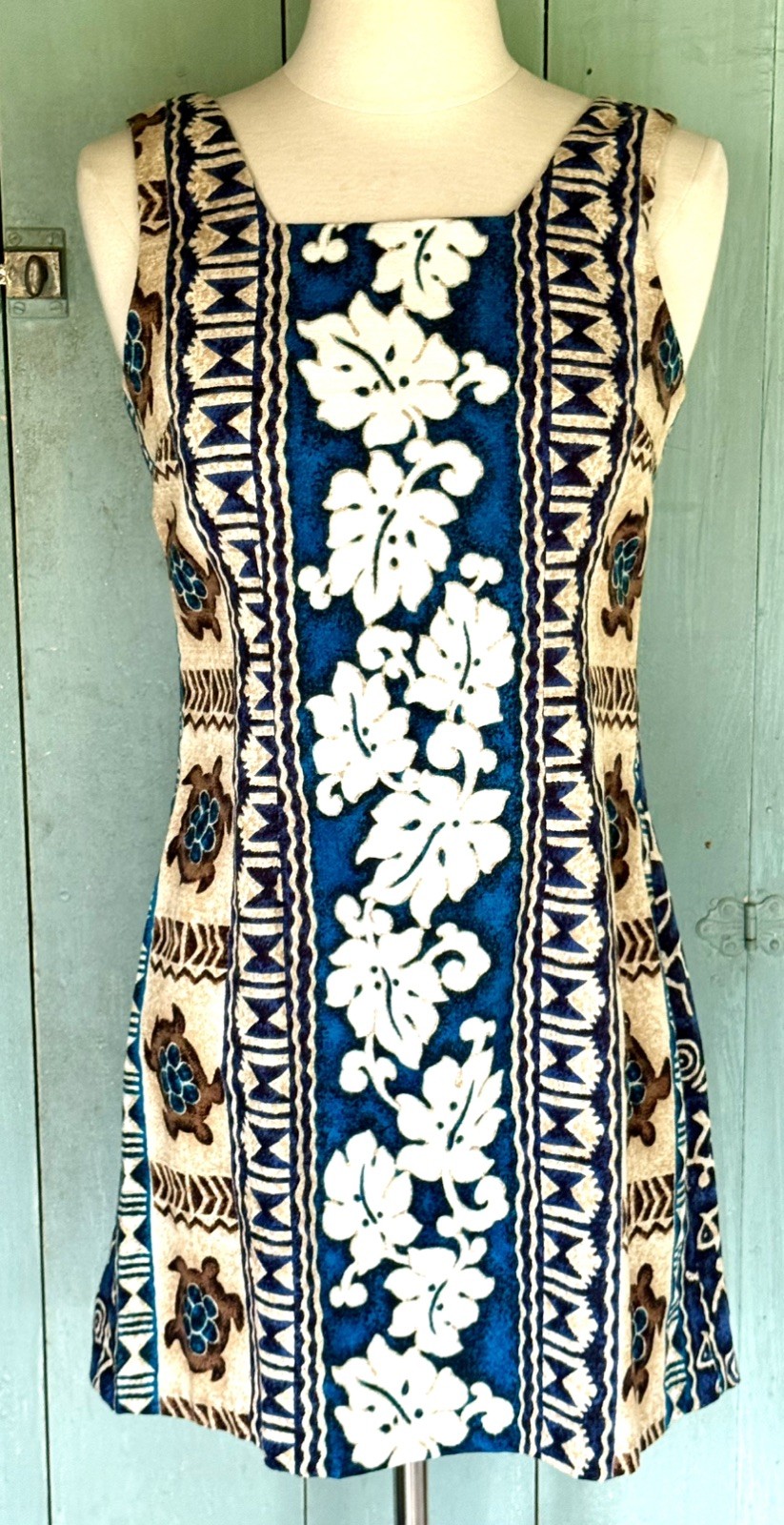 Rare VTG 90’s Shannon Marie Hawaii Blue Turtle Barkcloth Mini LuauTiki Dress XS+