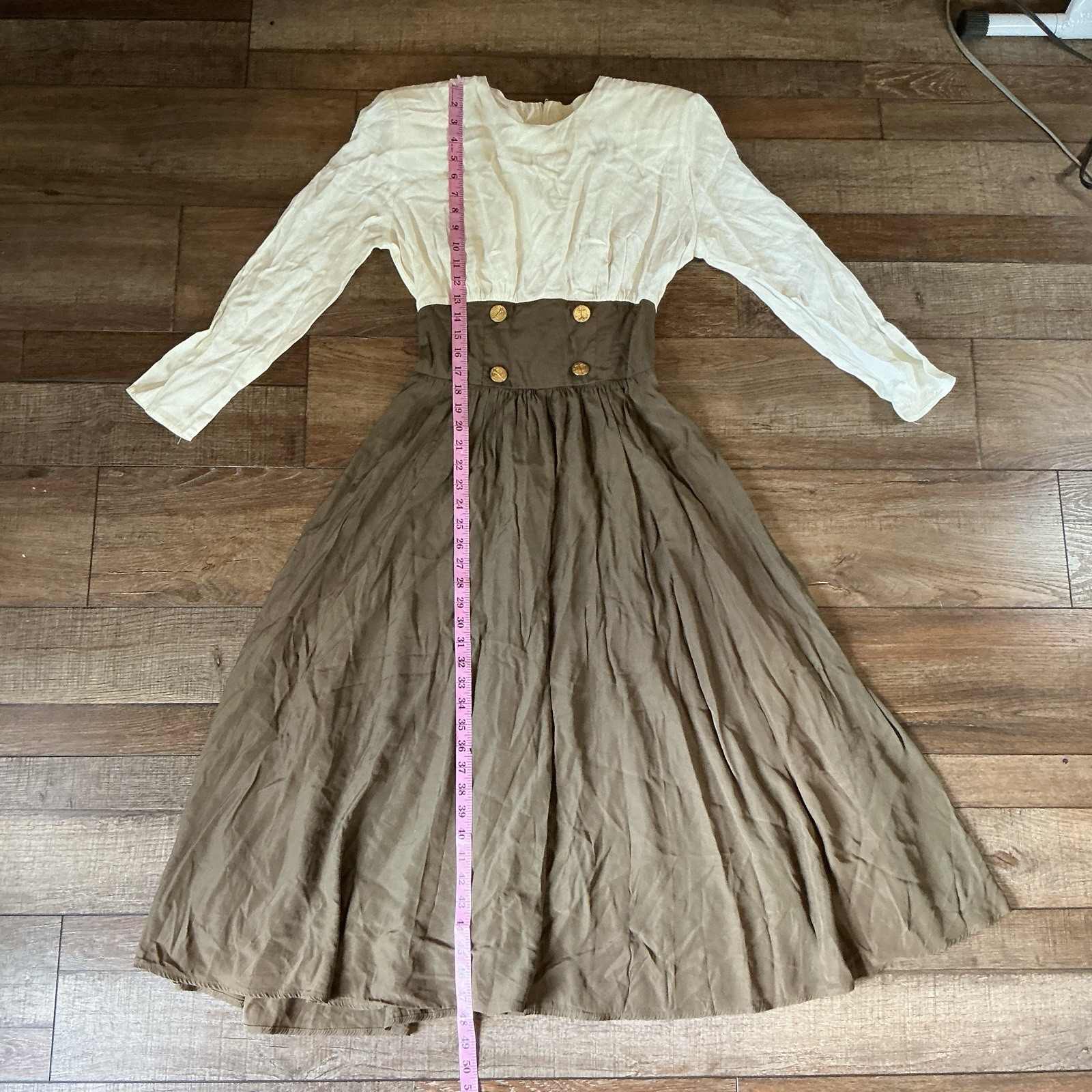 80s VTG Hearts Two Tone Maxi Dress Sz S/M White Brown Gold Buttons Smocked #17E7