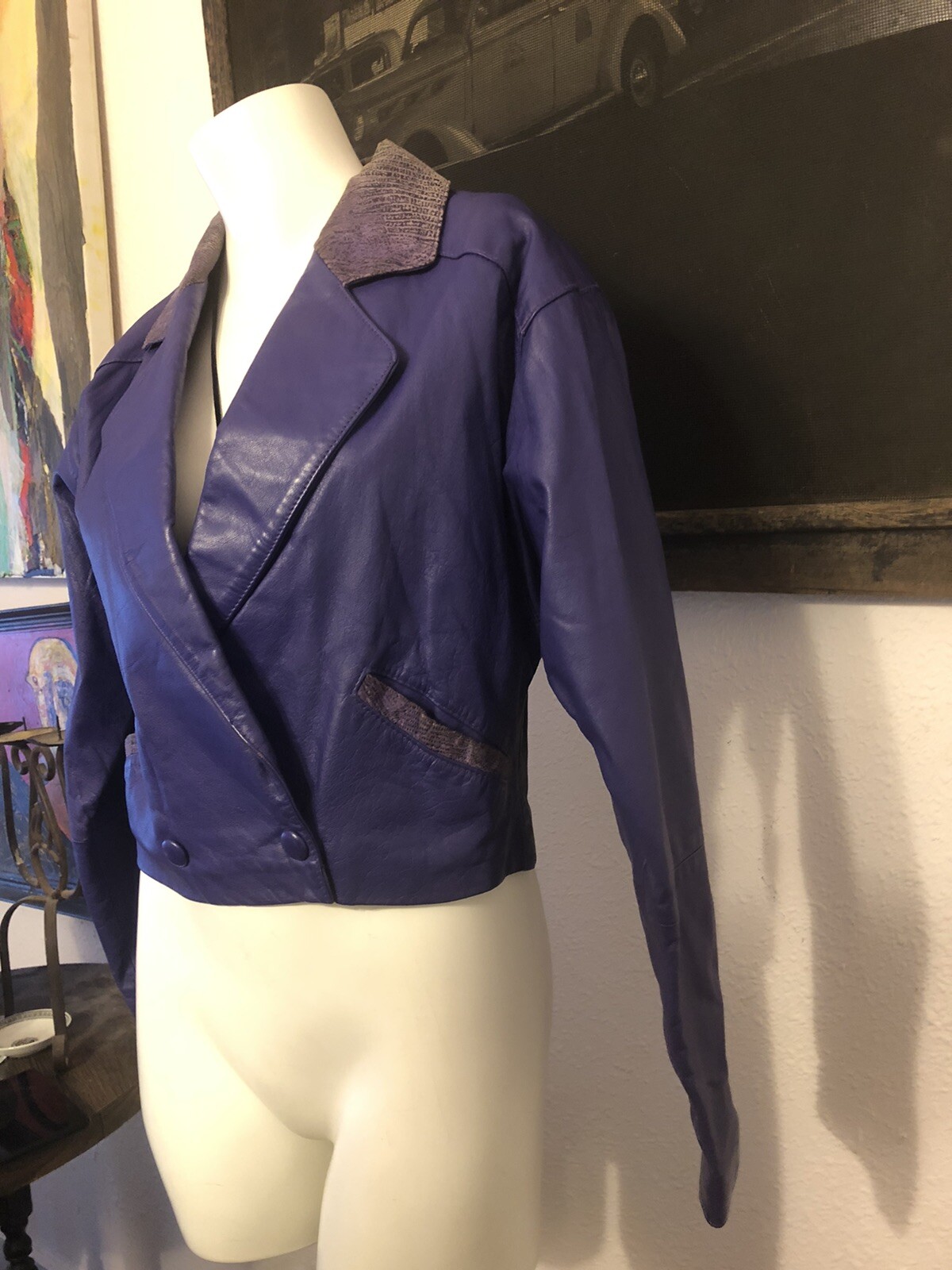 Vintage 80s Glam Women’s Size M purple leather bomber biker rocker crop jacket
