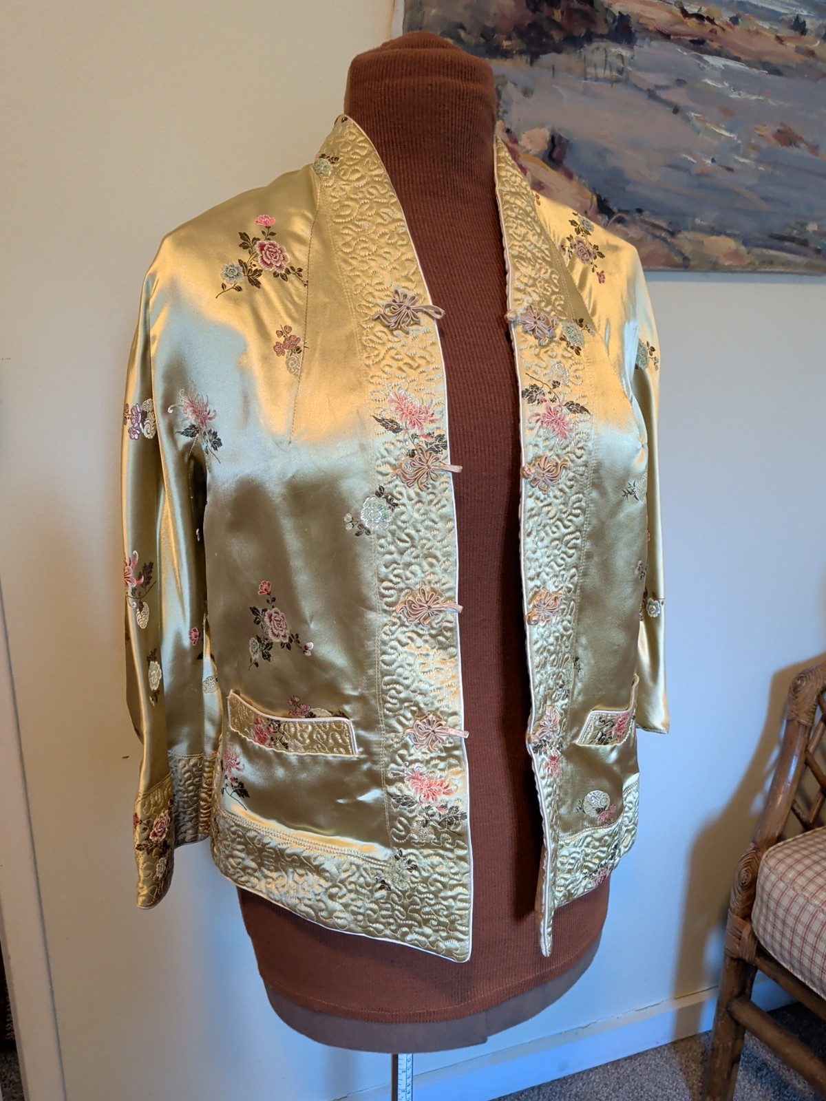 Vintage Reversible Gold/Cream Brocade Asian Style Blazer Evening 36