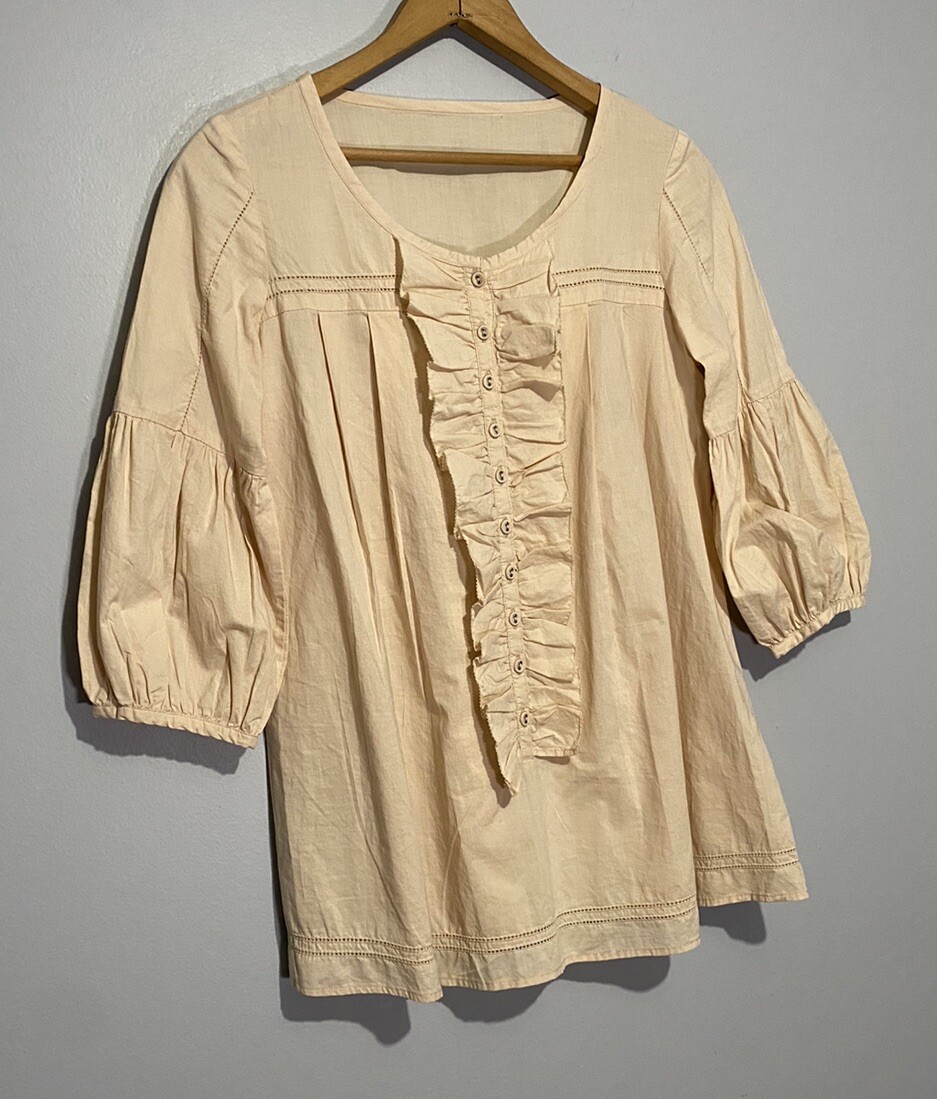 Vintage 70s Prairie Blouse Shirt Medium Cottagecore Ivory Ruffled 80s Housewife