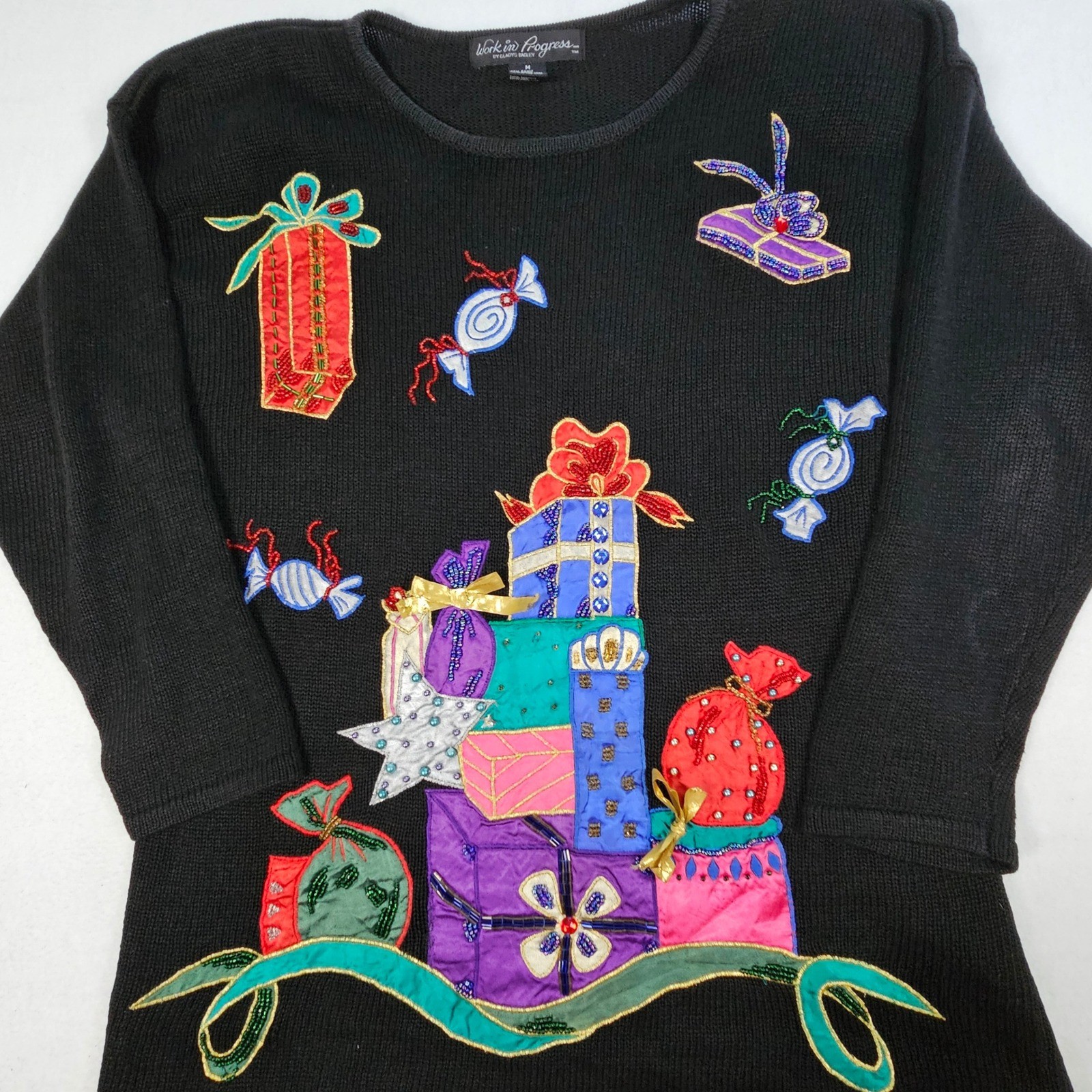 Work in Progress Gladys Bagley Vintage Christmas Sweater Beaded Gift Box Black M