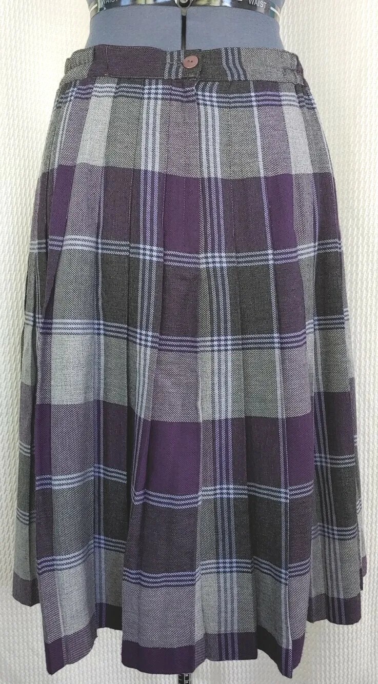 Vintage Tan Jay Grey/Purple/Black Plaid Pleated Skirt 12 Petite