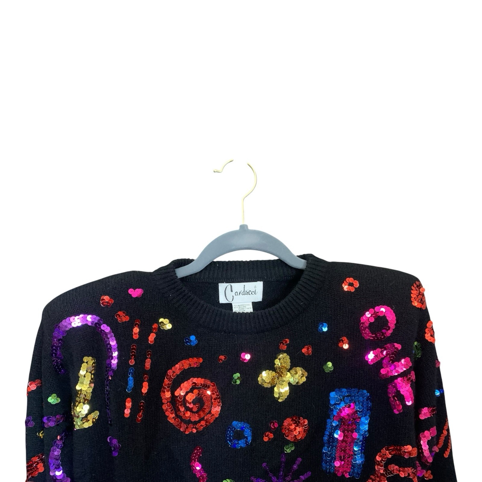 Vintage Carducci Wool Angora Blend Long Sweater Size S Sequins Black 1980s