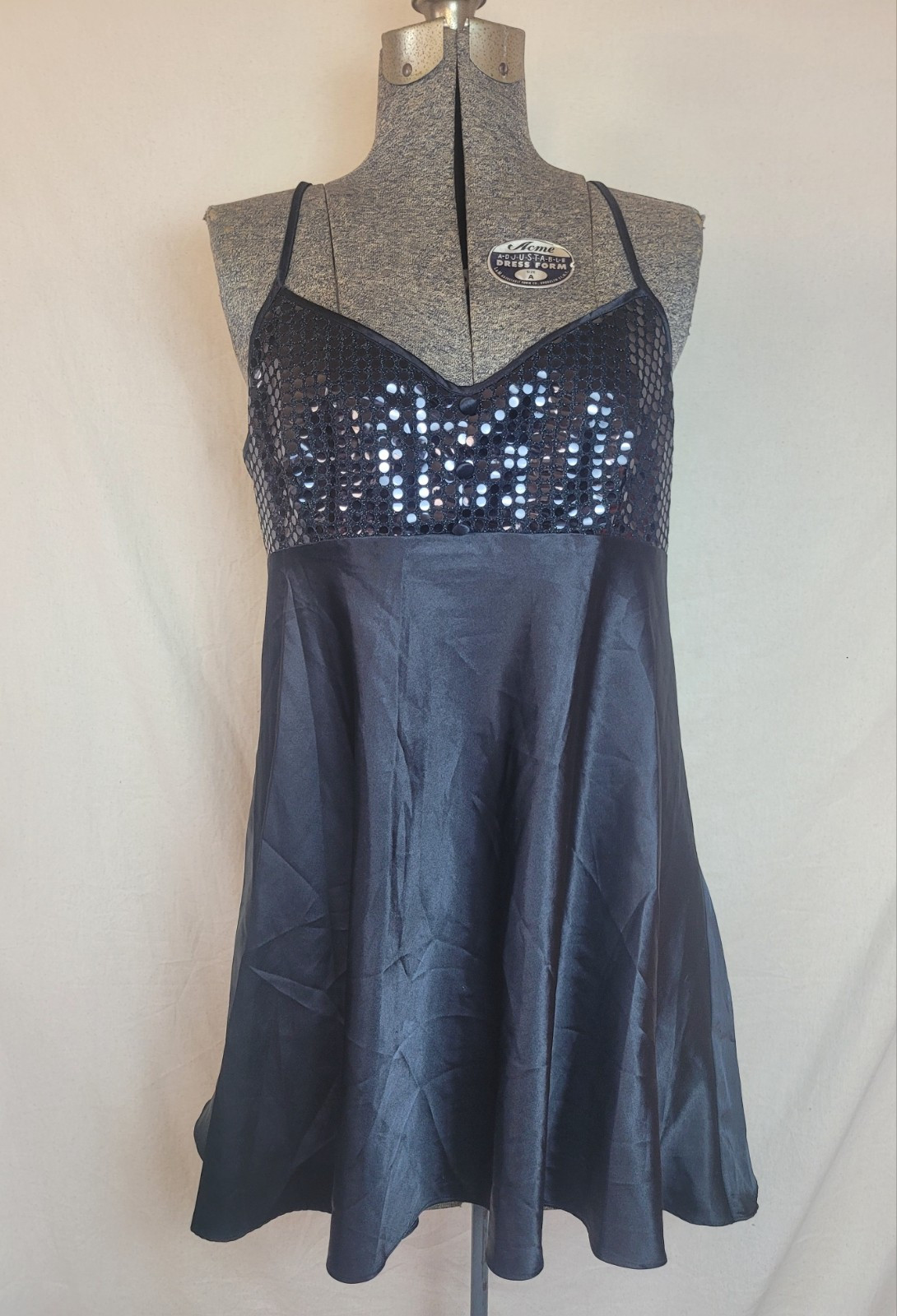 Vintage 80s 90s Y2K Black Mini Dress Slip Sequin Shiny Top Satin Size M