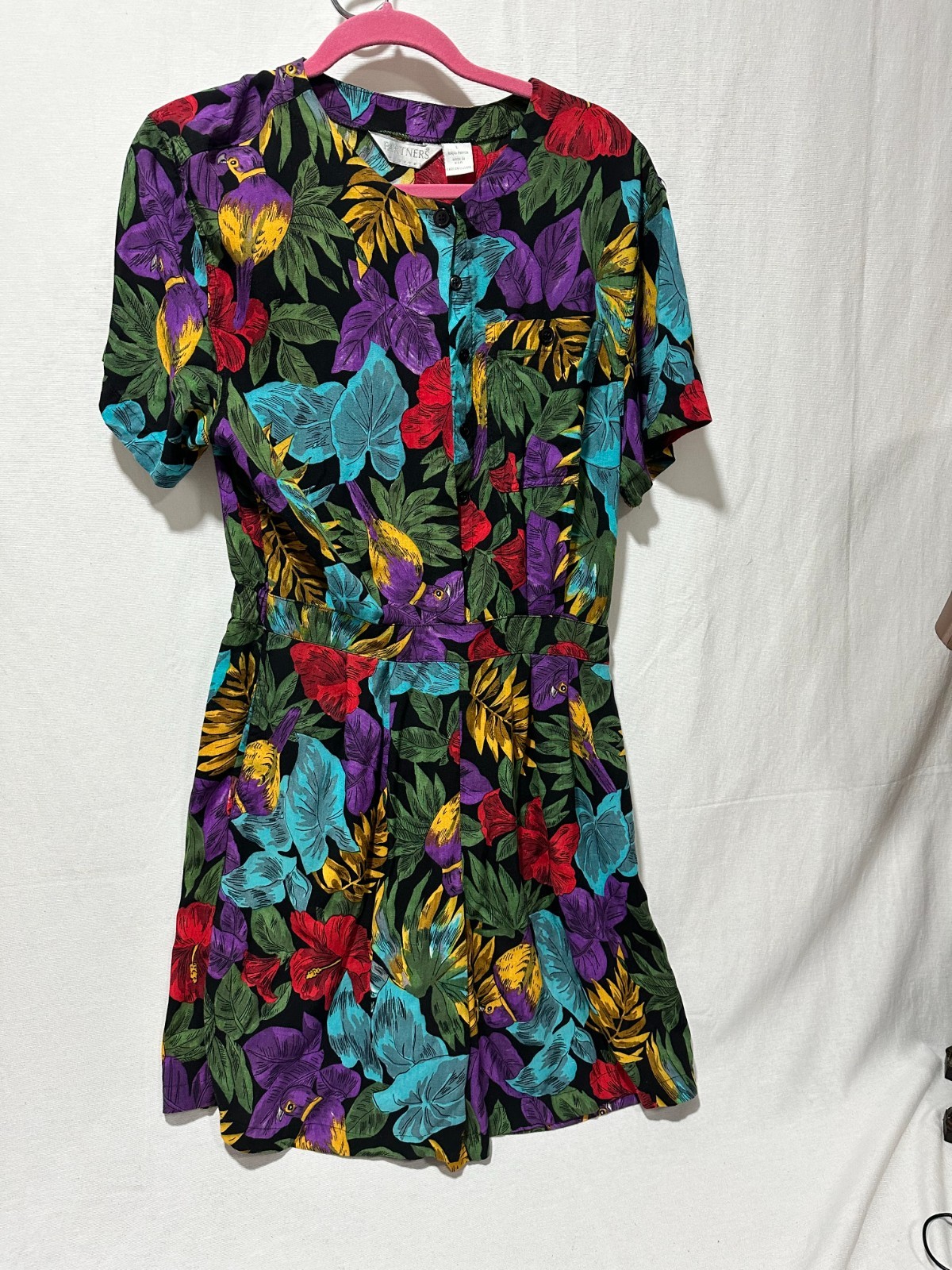 Vintage 80s 90s Partners Mervyn’s Tropical Floral Romper 100% Rayon Made in USA