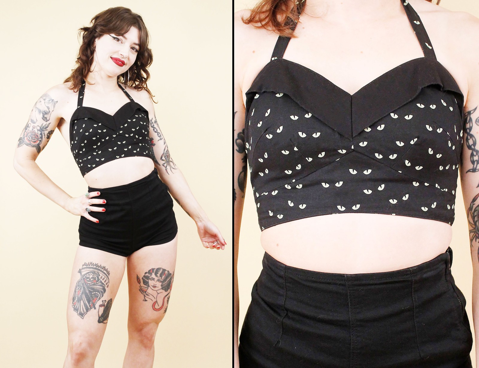 70s Vtg Style Queen of Hearts Black Eyes Novelty Print Halter Top Pin Up Xs