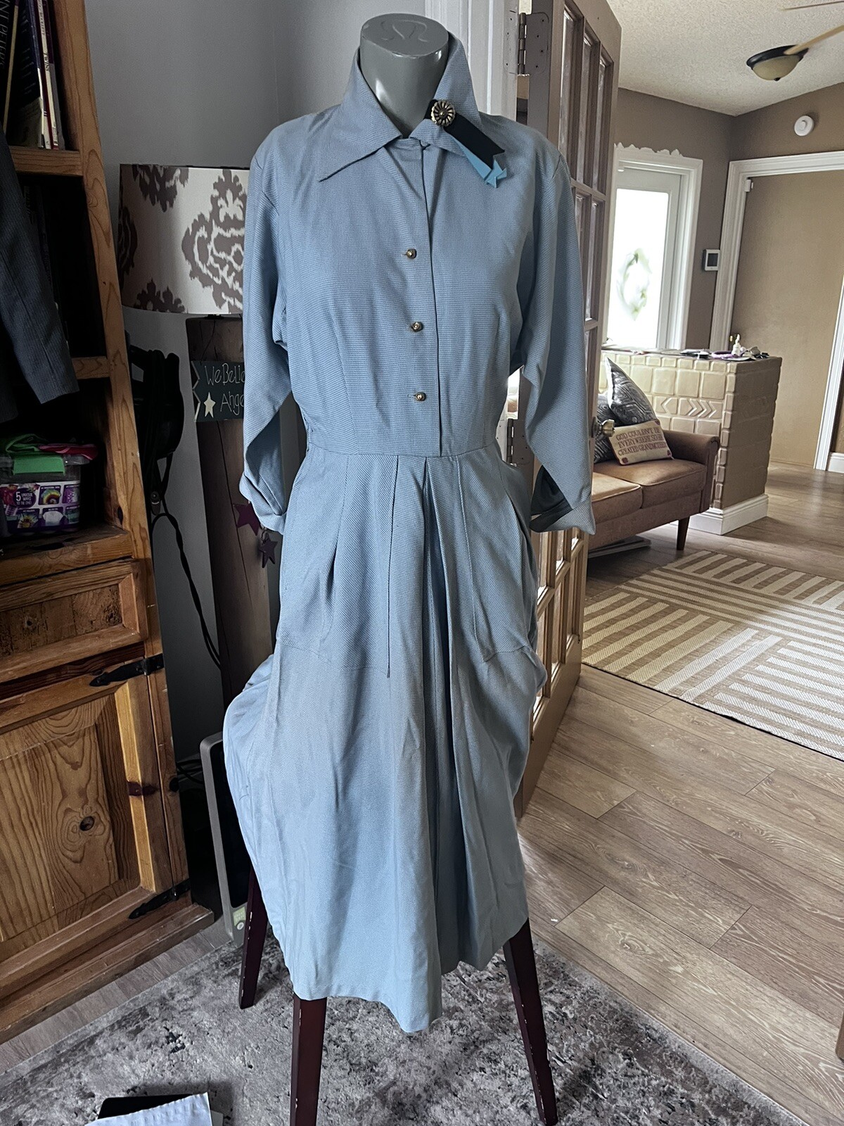 Vintage 50’s 60’s Stewardess Dress. Blue/ Gray Tiny Check. ( See Measurements).