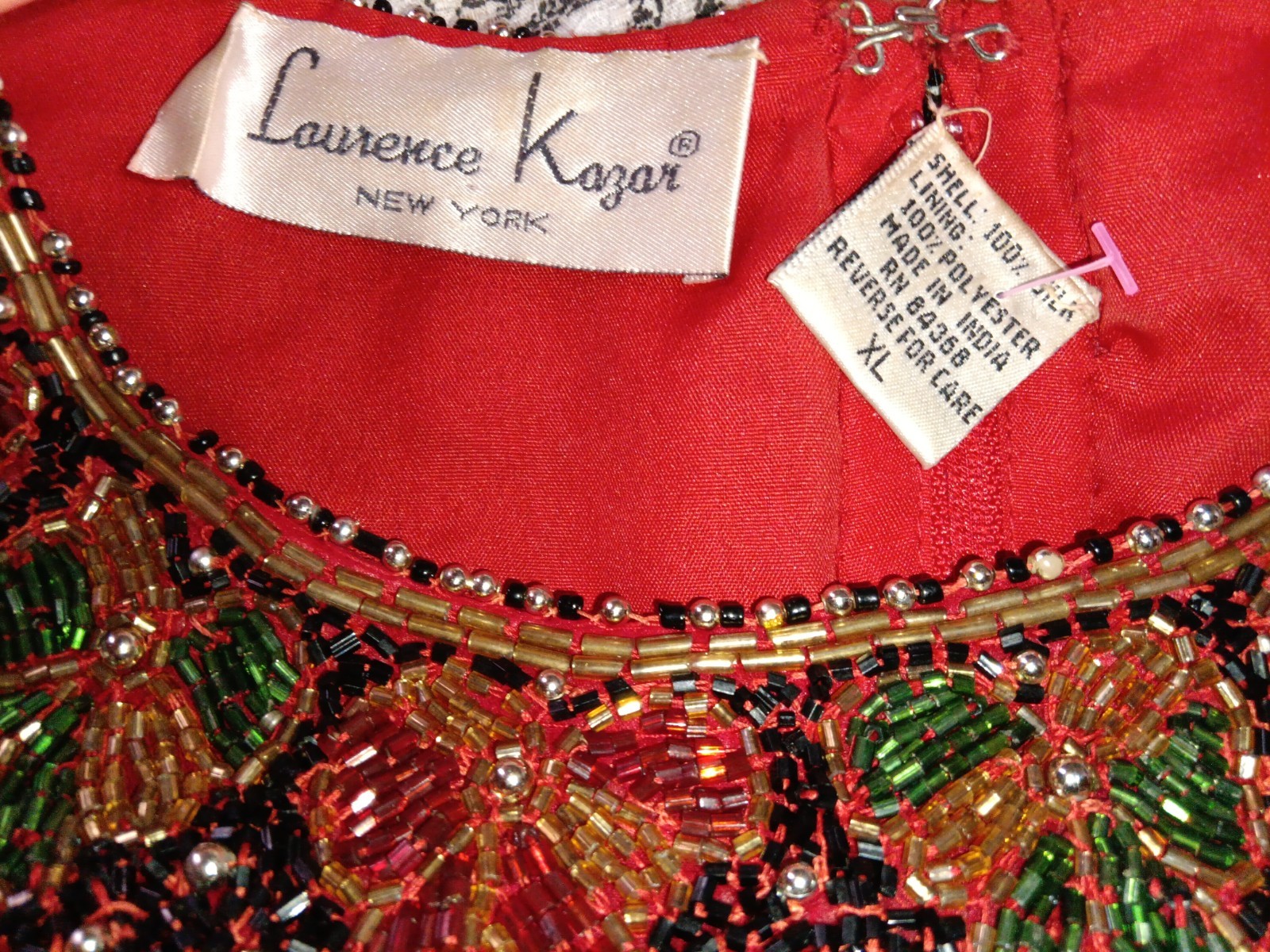 vintage Laurence Kazar red silk beaded and sequined holiday top XL