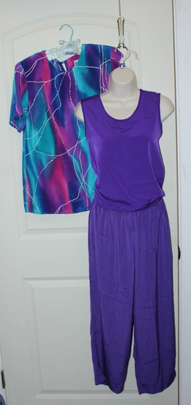 (3) Vintage 90s Granny Pants Outfit Maggie Sweet Size MEDIUM Blue Purple Shirts