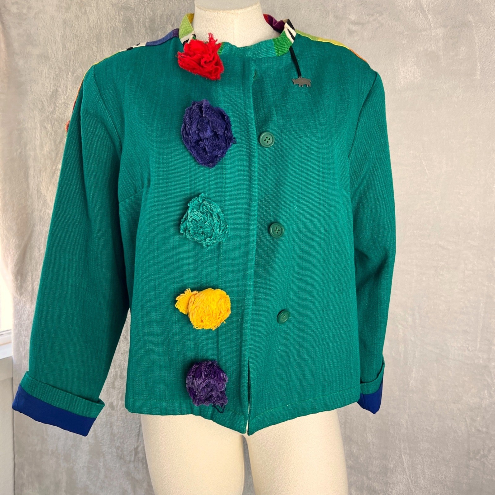 Vintage Women’s Art To Wear Pom Pom Jacket Green size Medium colorful funky