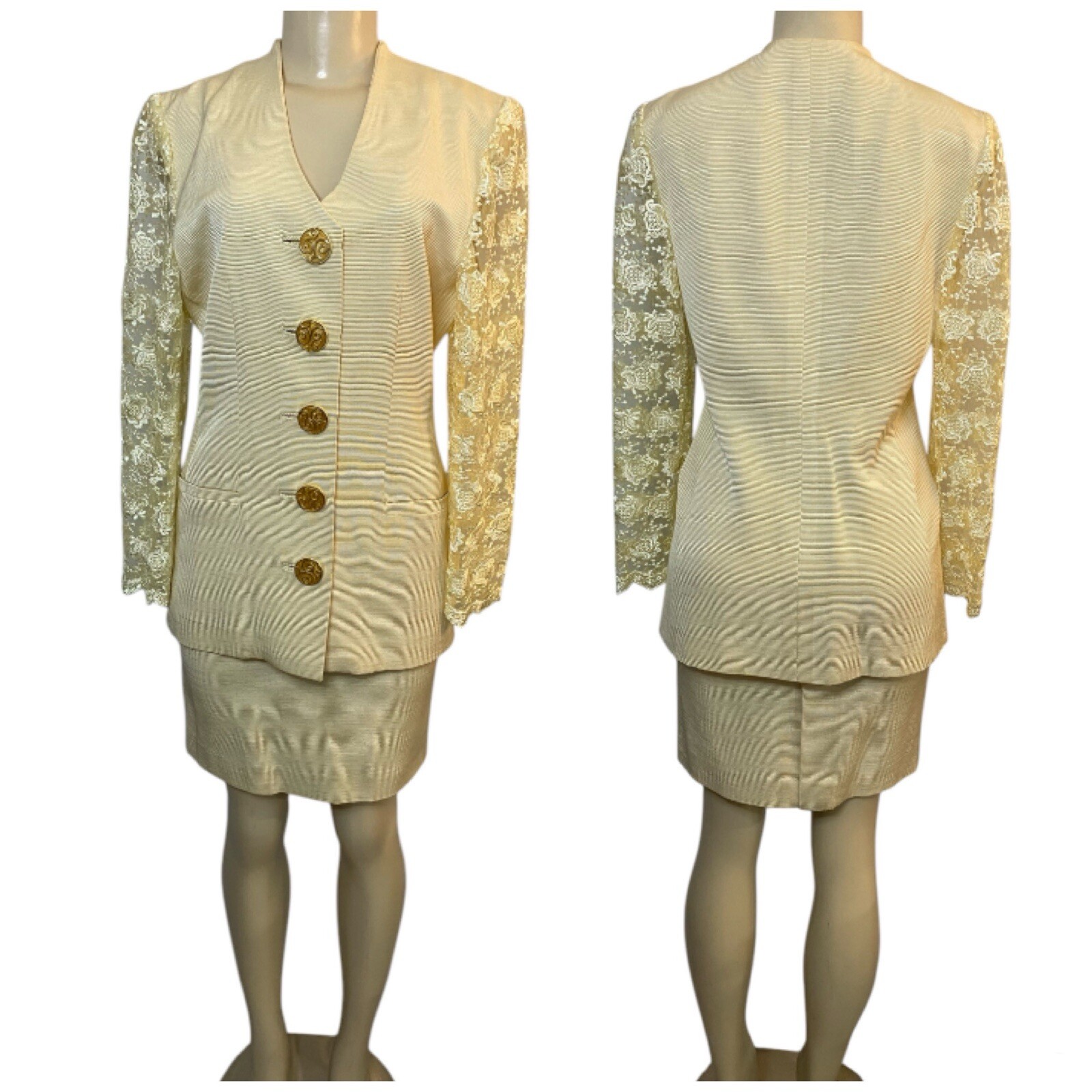 VTG 90s Manlio Mallia Cream Gold Skirt Set Lace Silk Ribbed Luxury Italian Sz6/8
