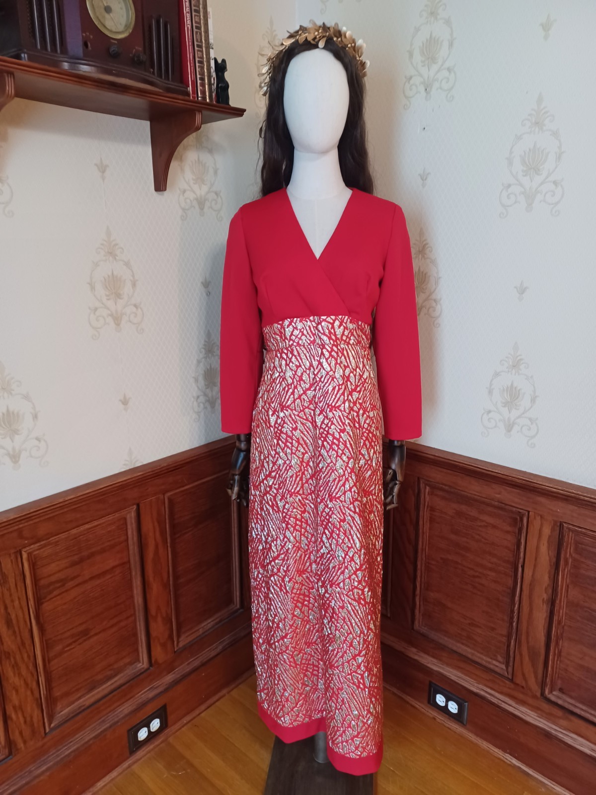 Vintage 1960s/1970s Red Gold Lame Empire Waist Mod Boho Hostess Maxi Dress