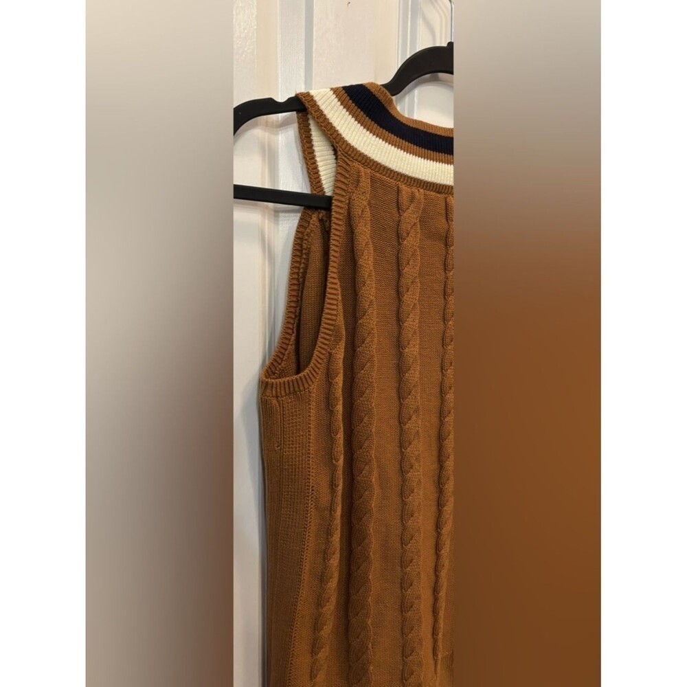 T by Talbots Cable Knit Sweater Vest Mustard V-Neck Stripe Trim Preppy Chic Sz M