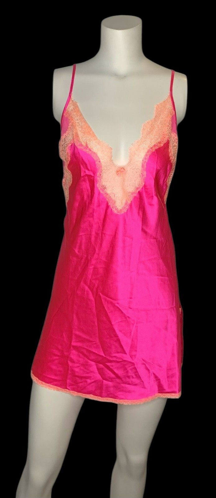 Victorias Secret Hot Pink Lace Satin Babydoll Chemise Nightgown M Slip Dress