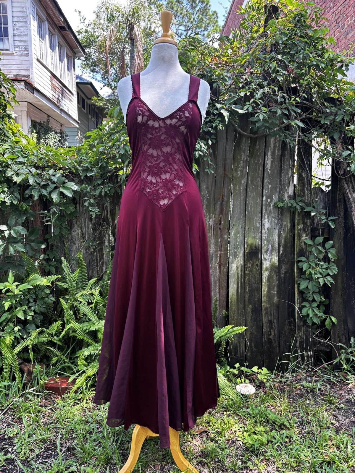 Women’s Burgundy Slip Nightgown with Lace Bodice and Crisscross Back Straps