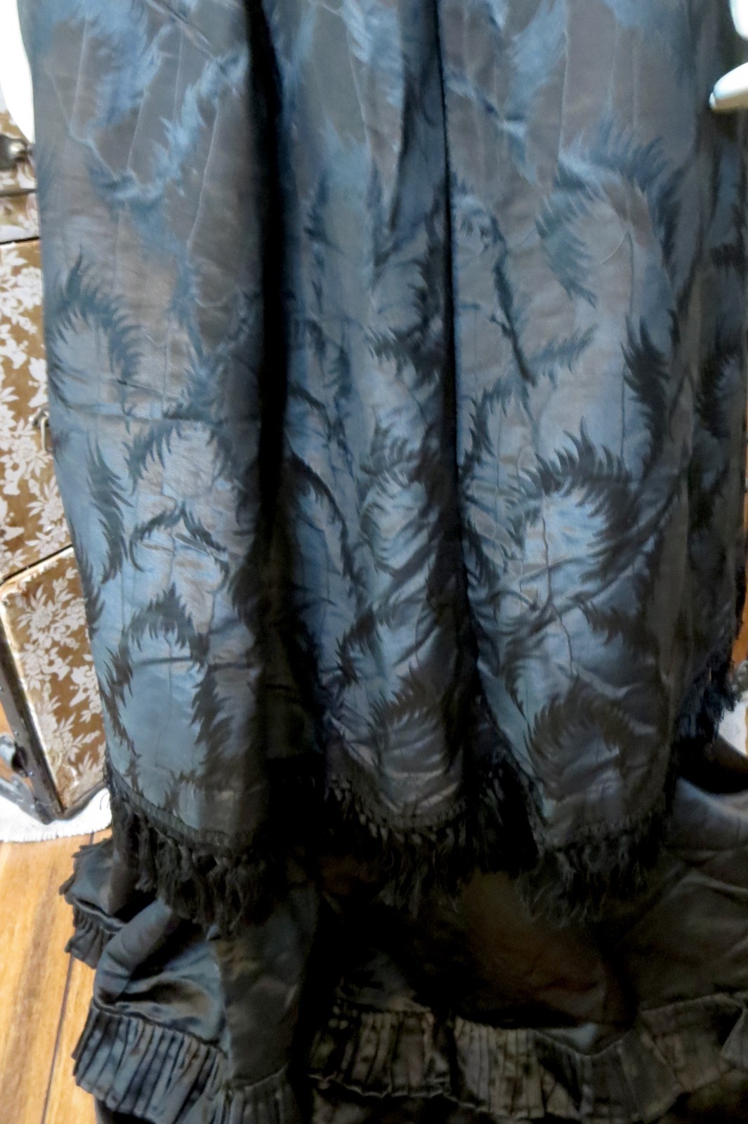 Antique 1860s Black Silk Mourning Dress Fern Pattern Fringe & Ruffle 2 Piece