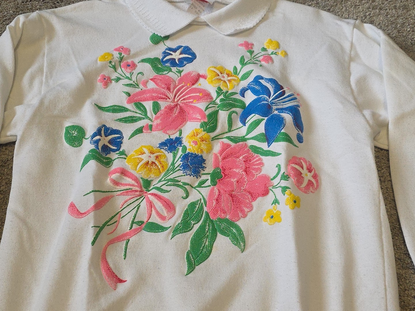 Vintage 80s Jane Colby Grandma Shirt M Cotton Puff Print Flowers Long Sleeve