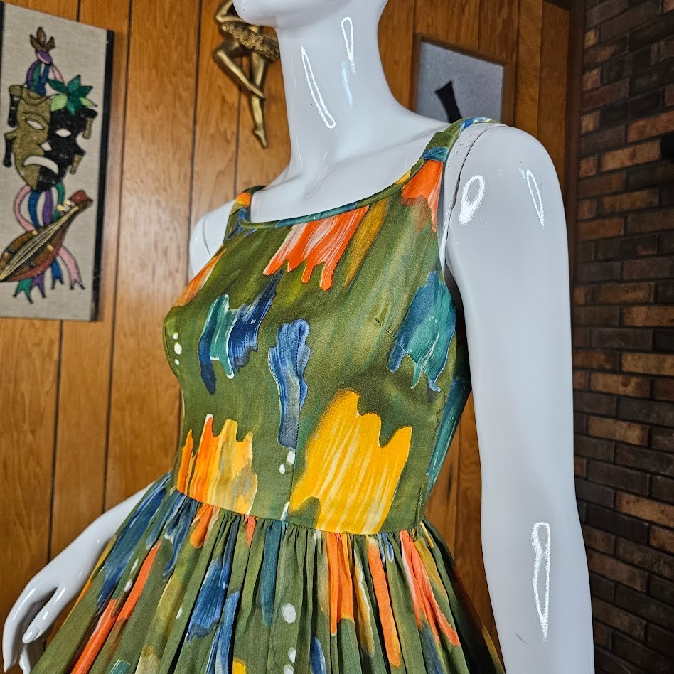 Vtg 50s Novelty Olive Paint Splatter Voile Circle Skirt Party Prom Dress XS/S P