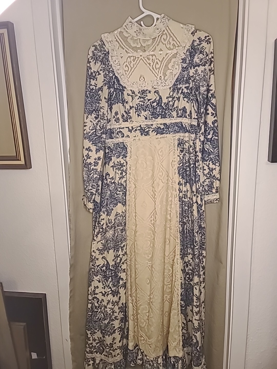 Gunne Sax Jessica Mcclintock Toile De Jouy Prarie Dress Vtg 70s Sz 9 Blue Cream