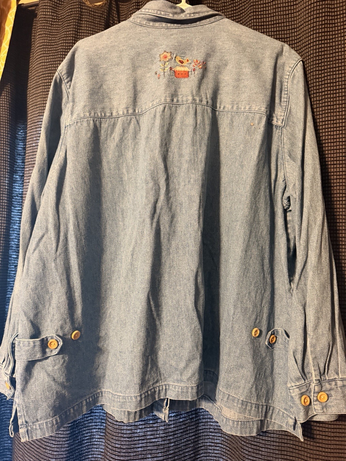C J Banks Women’s 2X Denim Button-Down Shirt with Floral Design