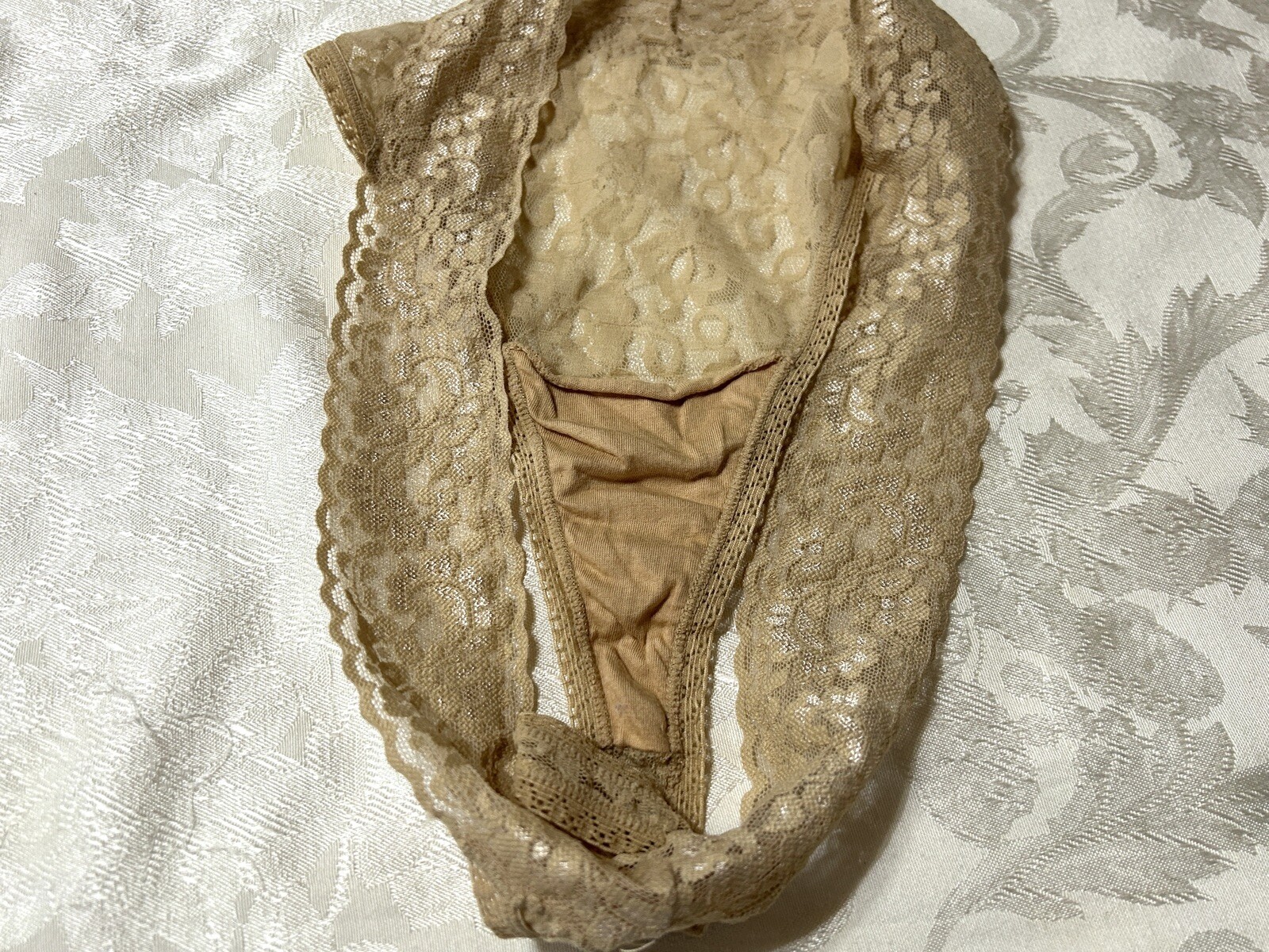 Vtg CACIQUE Floral Lace Mesh 2″ Waistband 18/20 Beige Thong Panties #81
